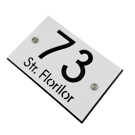 PREMIUM HOUSE NUMBER - White Satin Aluminium Pearly Black 2 Spacers Silver - 20×13 cm