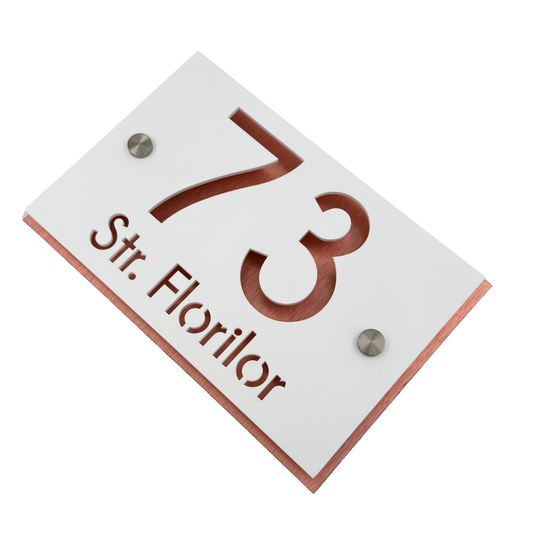 PREMIUM HOUSE NUMBER - White Satin Aluminium Pearly Copper 2 Spacers Silver - 20×13 cm