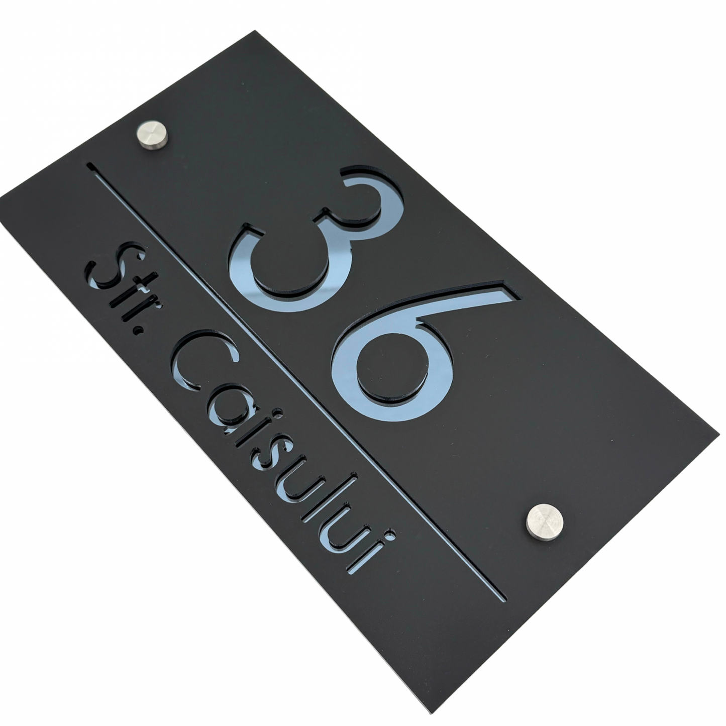 PREMIUM HOUSE NUMBER - Satin Black Anthracite Grey Mirror 2 Spacers Silver - 28×15 cm