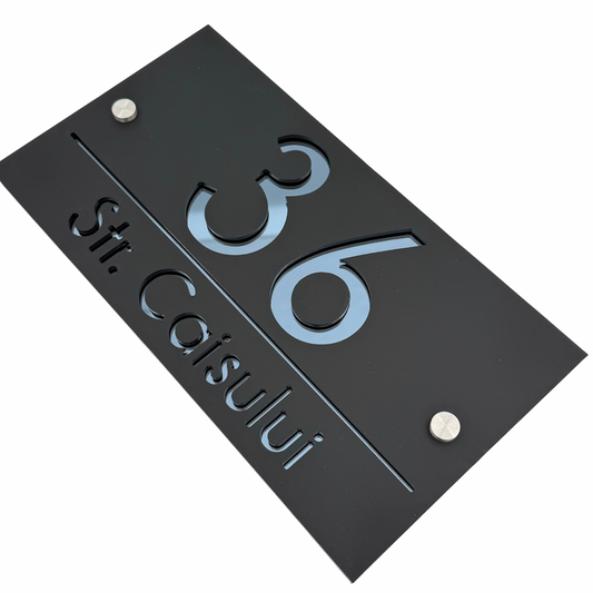 PREMIUM HOUSE NUMBER - Satin Black Anthracite Grey Mirror 2 Spacers Silver - 28×15 cm