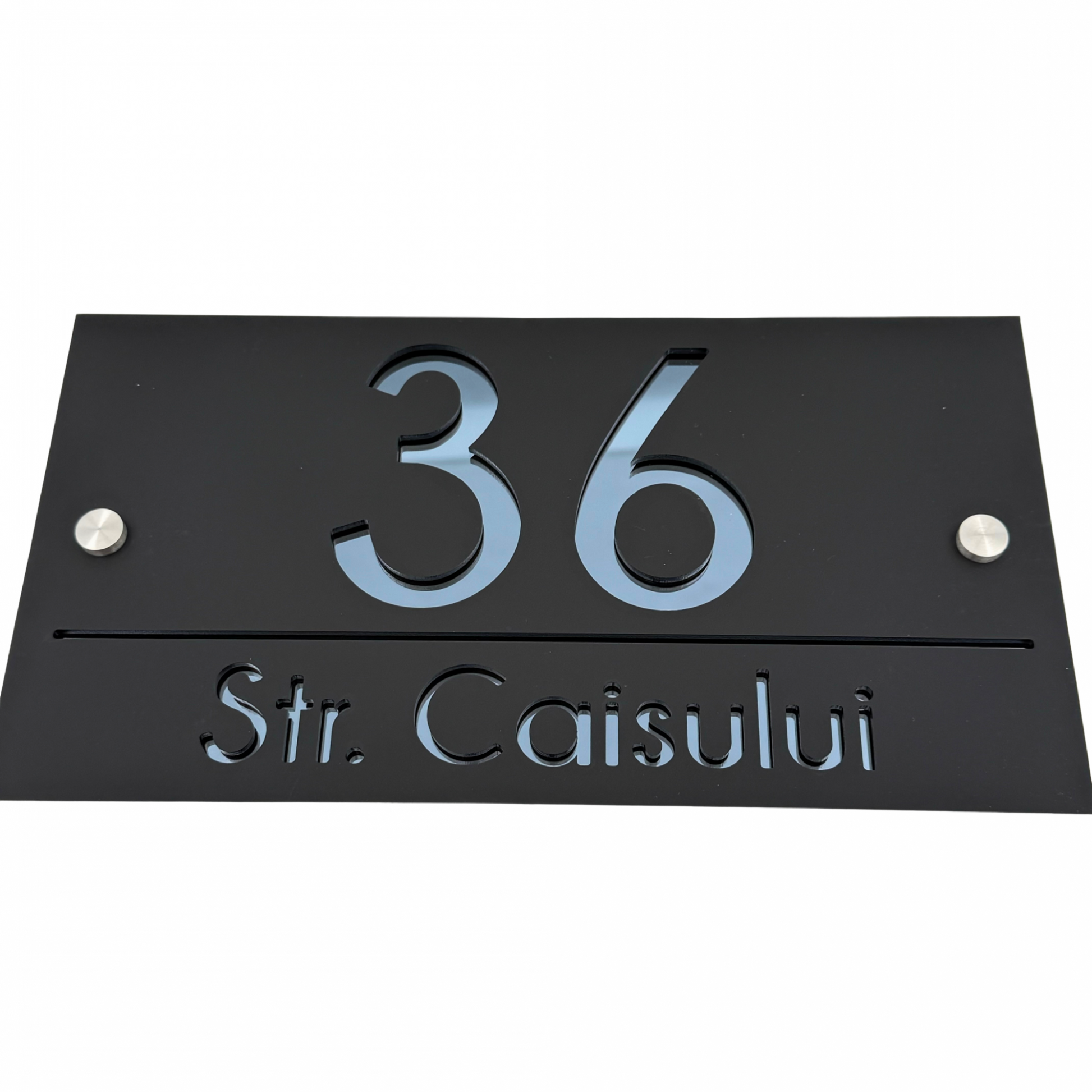 PREMIUM HOUSE NUMBER - Satin Black Anthracite Grey Mirror 2 Spacers Silver - 28×15 cm