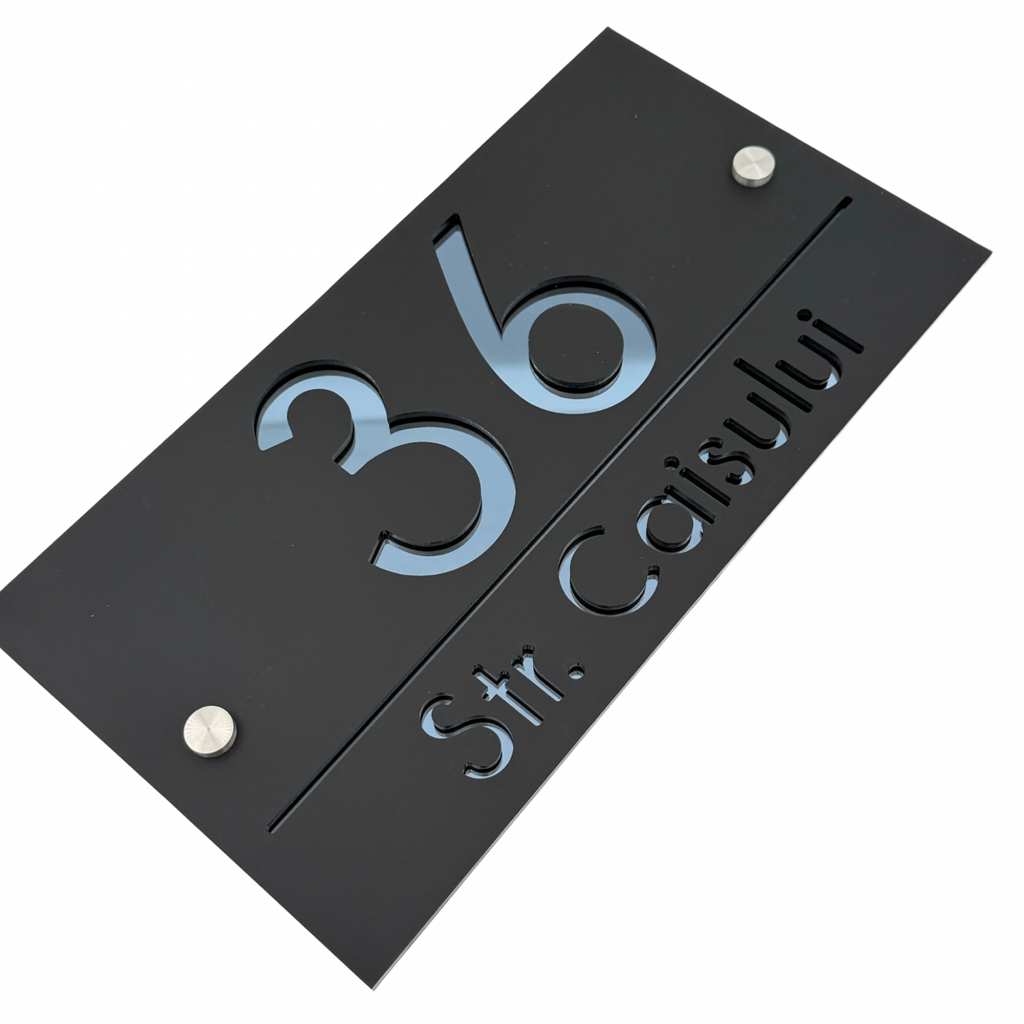 PREMIUM HOUSE NUMBER - Satin Black Anthracite Grey Mirror 2 Spacers Silver - 28×15 cm