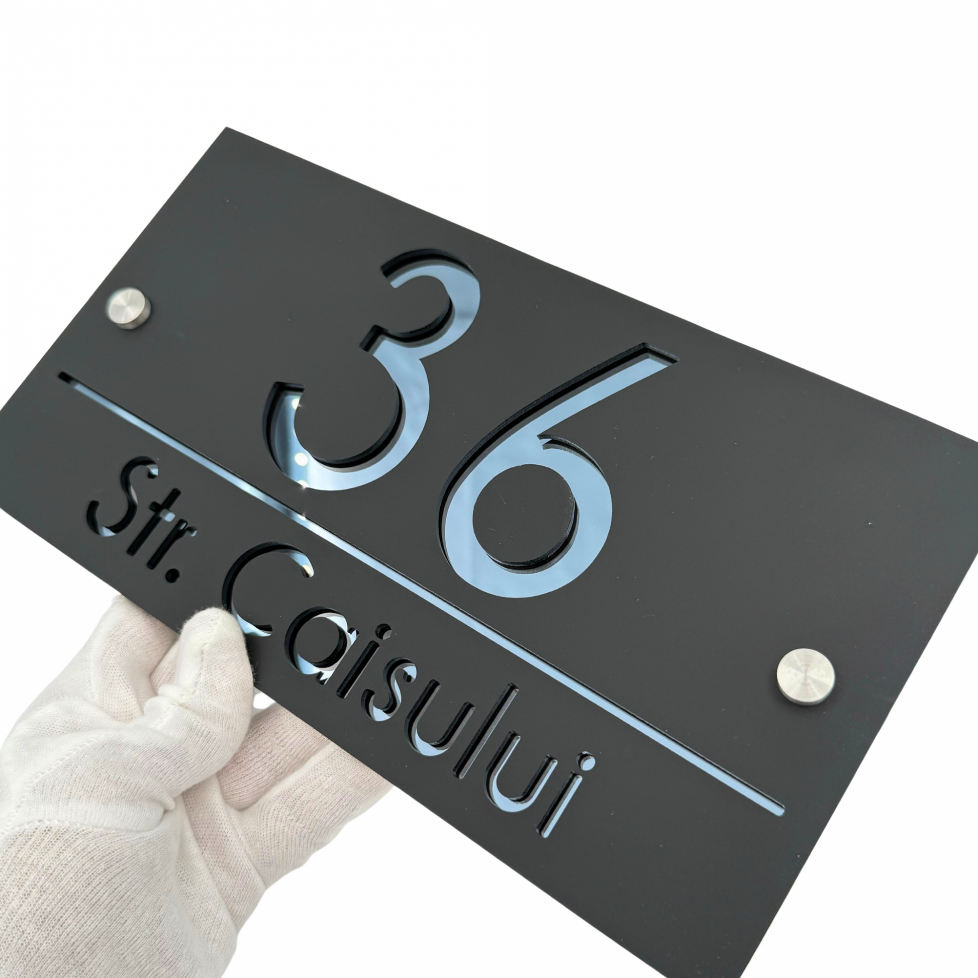 PREMIUM HOUSE NUMBER - Satin Black Anthracite Grey Mirror 2 Spacers Silver - 28×15 cm