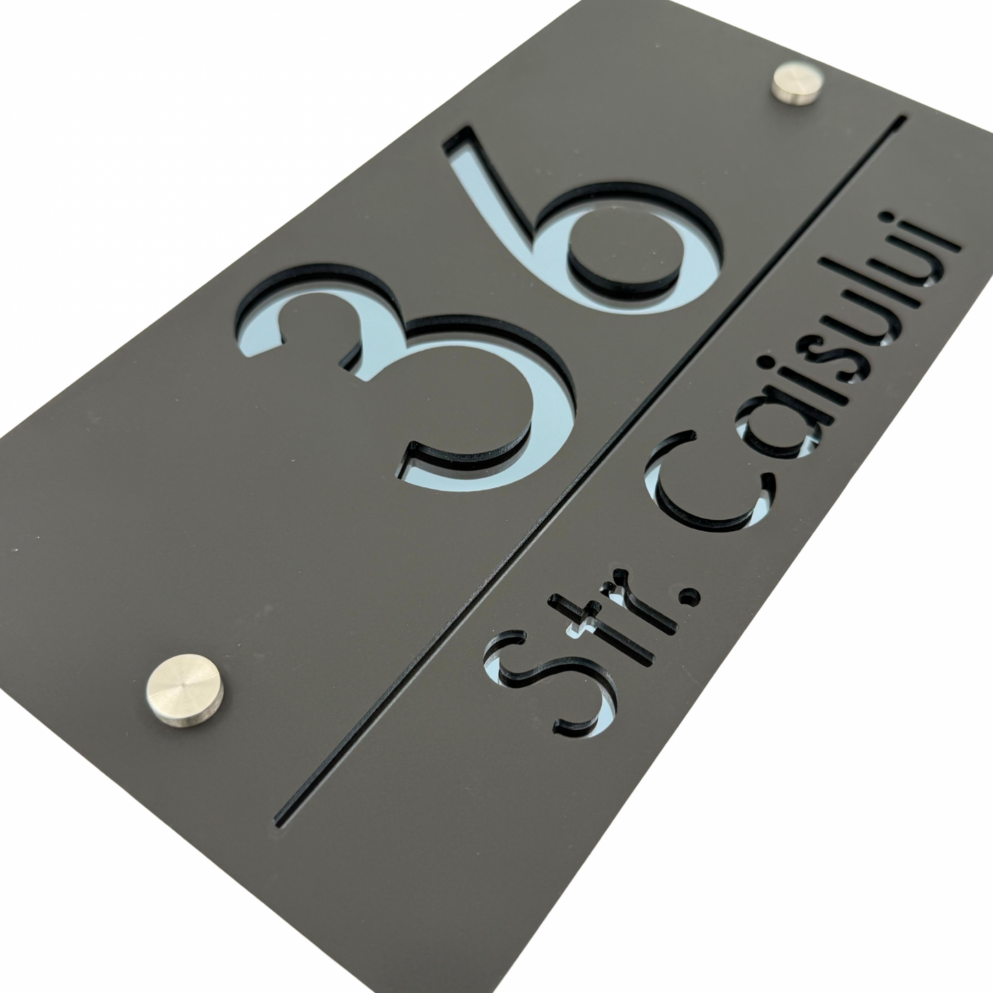 PREMIUM HOUSE NUMBER - Satin Black Anthracite Grey Mirror 2 Spacers Silver - 28×15 cm