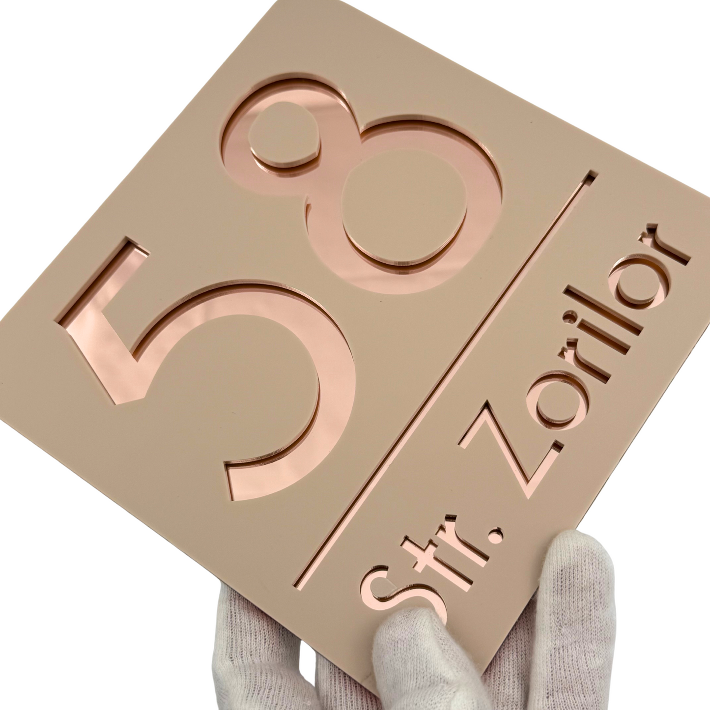 PREMIUM HOUSE NUMBER - Cream colour Satin Rose Gold Mirror - 17×17 cm