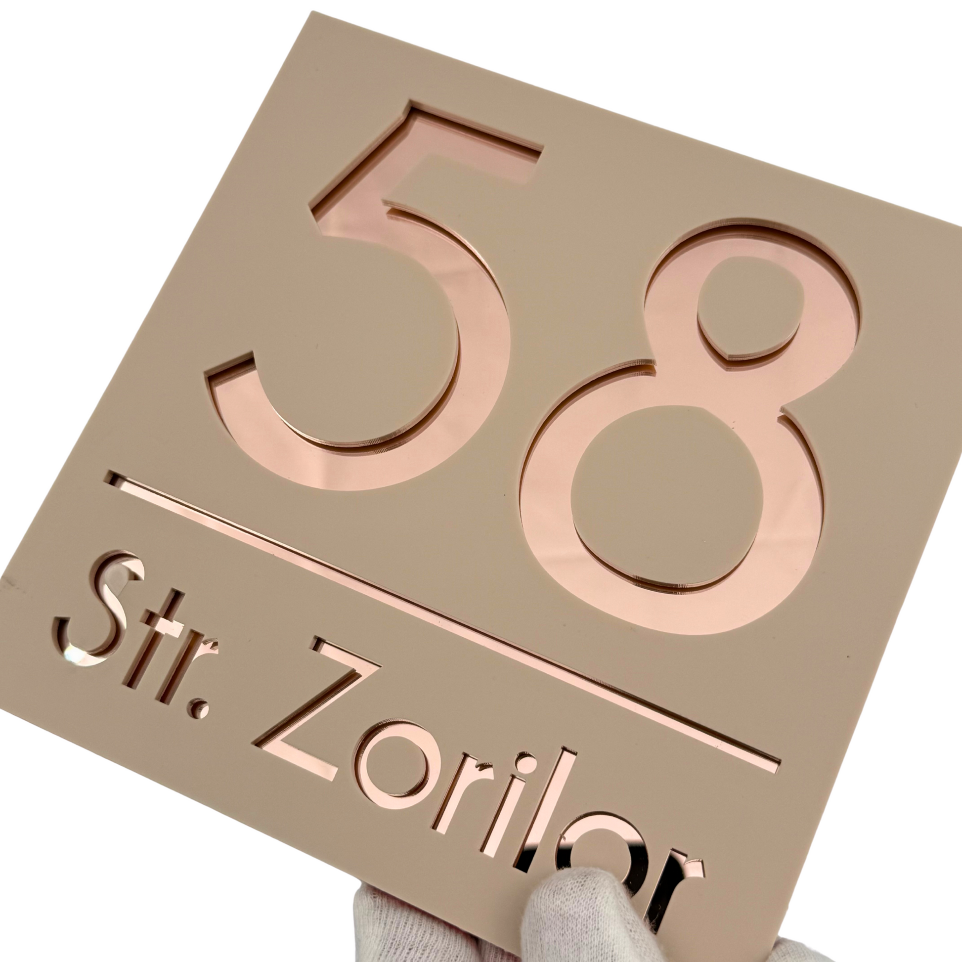 PREMIUM HOUSE NUMBER - Cream colour Satin Rose Gold Mirror - 17×17 cm