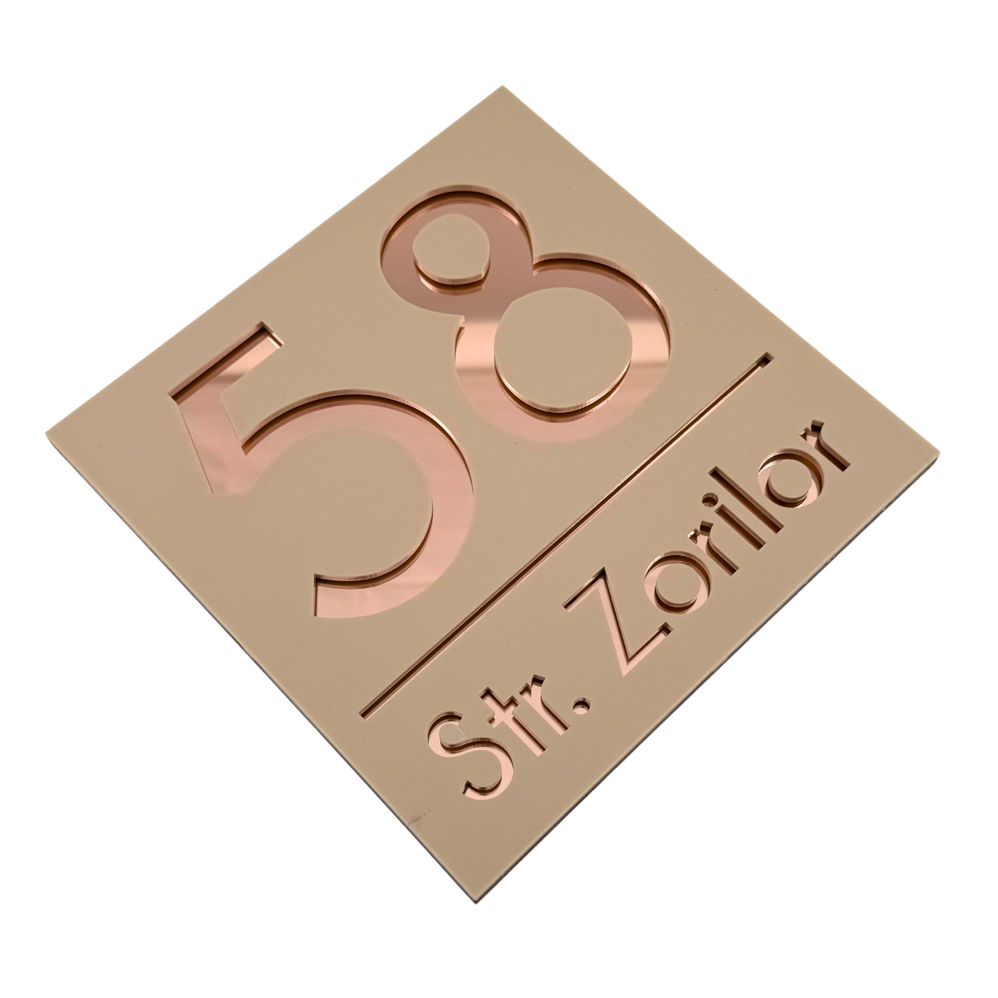 PREMIUM HOUSE NUMBER - Cream colour Satin Rose Gold Mirror - 17×17 cm