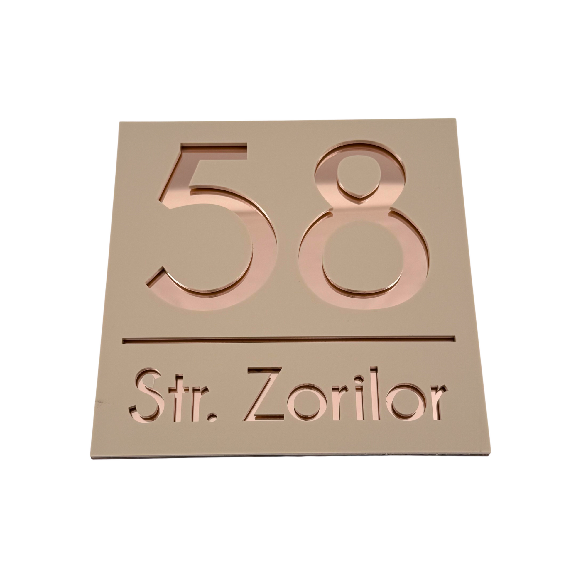 PREMIUM HOUSE NUMBER - Cream colour Satin Rose Gold Mirror - 17×17 cm