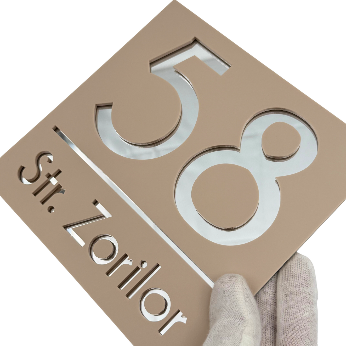 PREMIUM HOUSE NUMBER - Cream colour Satin Silver Mirror - 17×17 cm