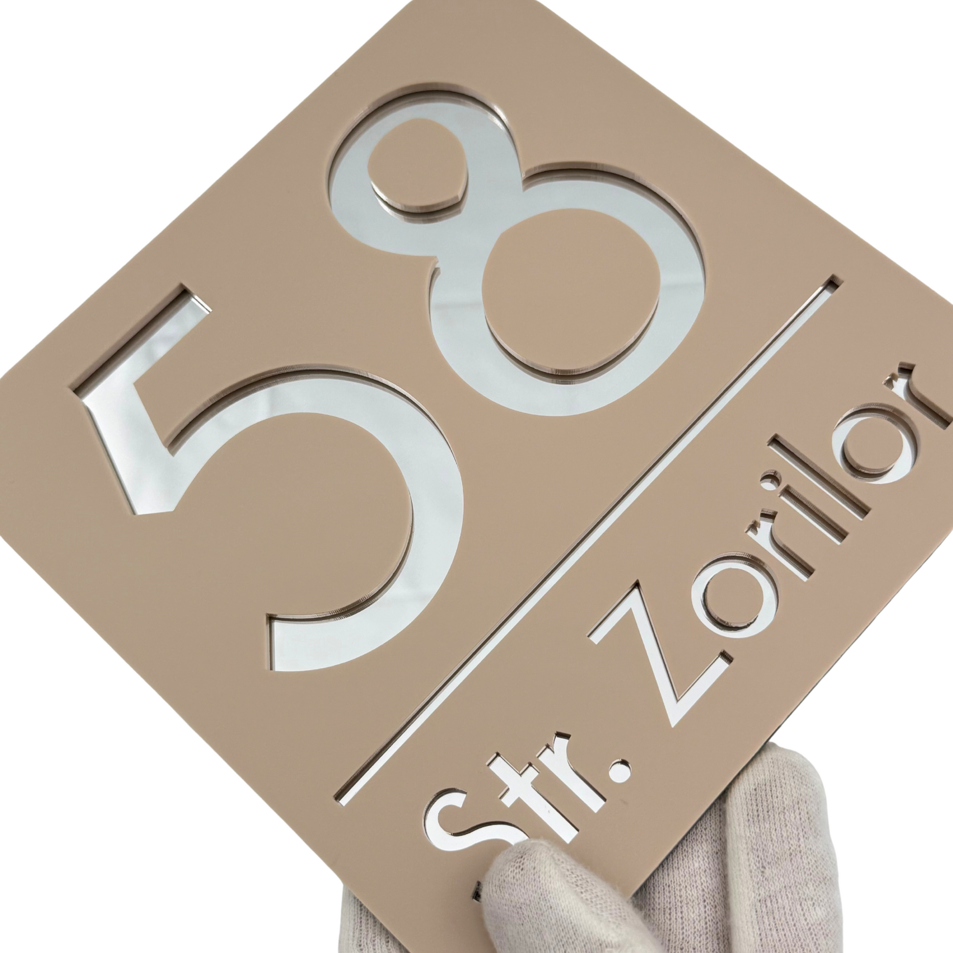 PREMIUM HOUSE NUMBER - Cream colour Satin Silver Mirror - 17×17 cm