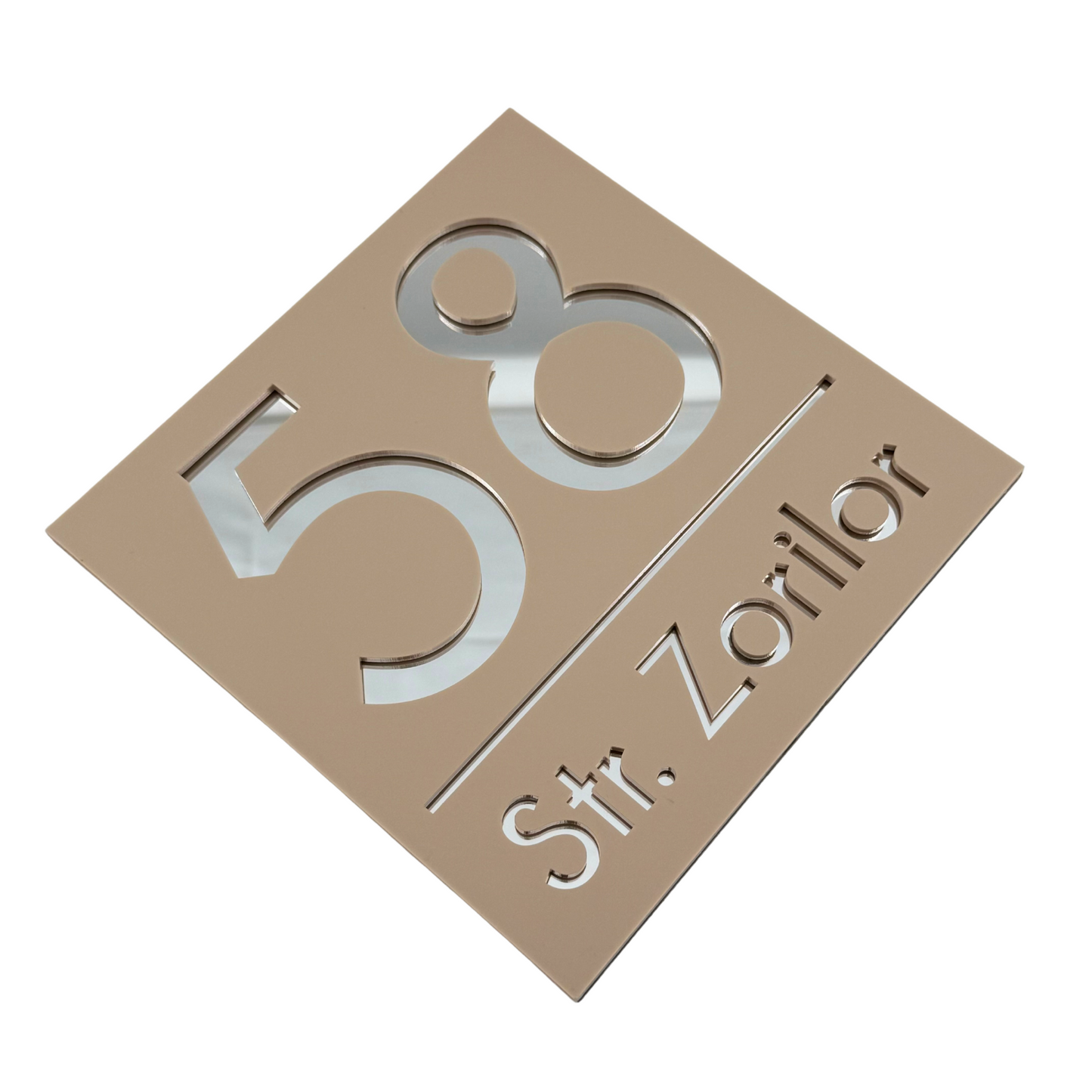 PREMIUM HOUSE NUMBER - Cream colour Satin Silver Mirror - 17×17 cm