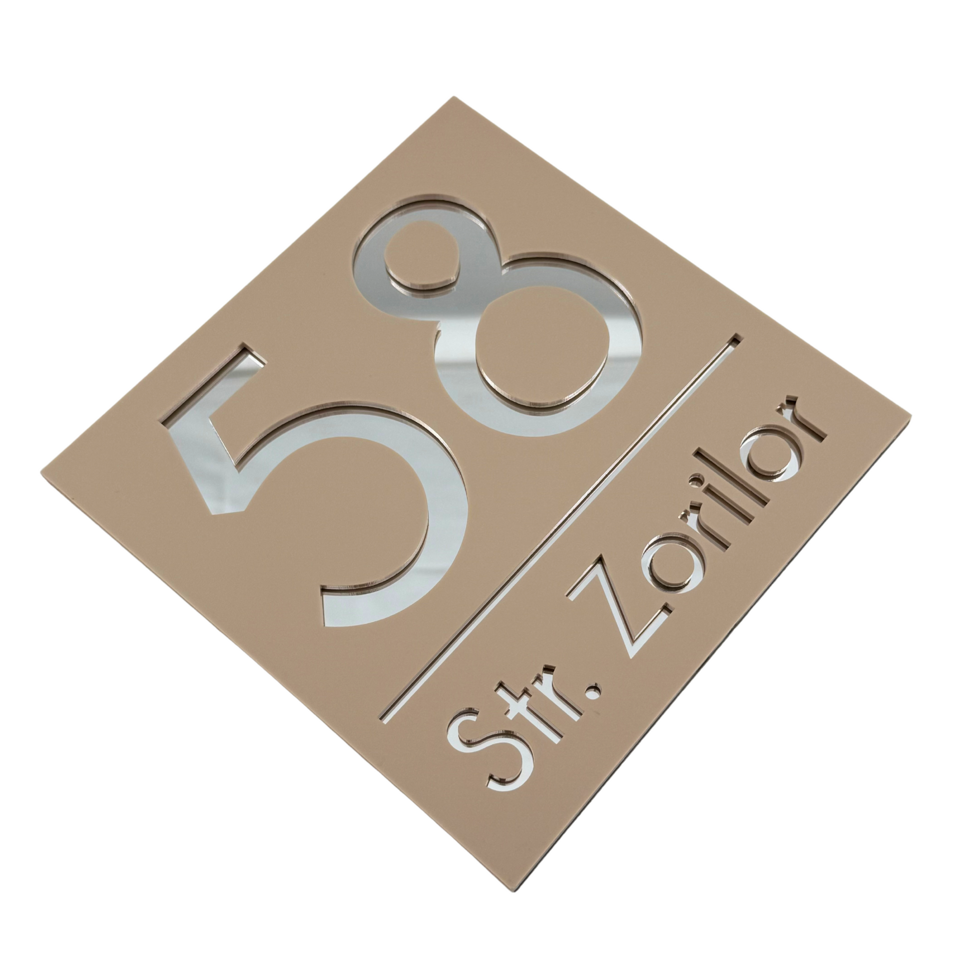 PREMIUM HOUSE NUMBER - Cream colour Satin Silver Mirror - 17×17 cm