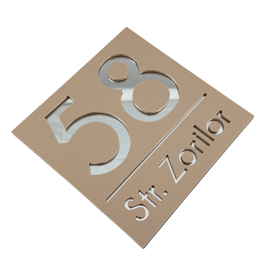PREMIUM HOUSE NUMBER - Cream colour Satin Silver Mirror - 17×17 cm