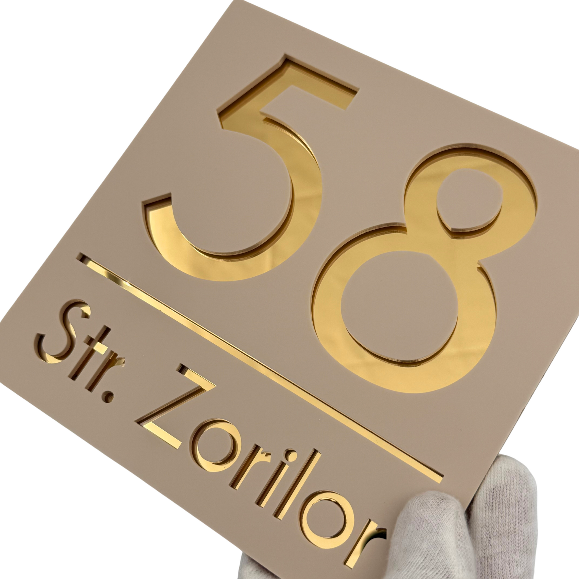 PREMIUM HOUSE NUMBER - Cream colour Satin Gold Mirror - 17×17 cm