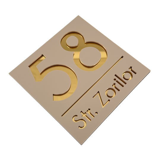 PREMIUM HOUSE NUMBER - Cream colour Satin Gold Mirror - 17×17 cm