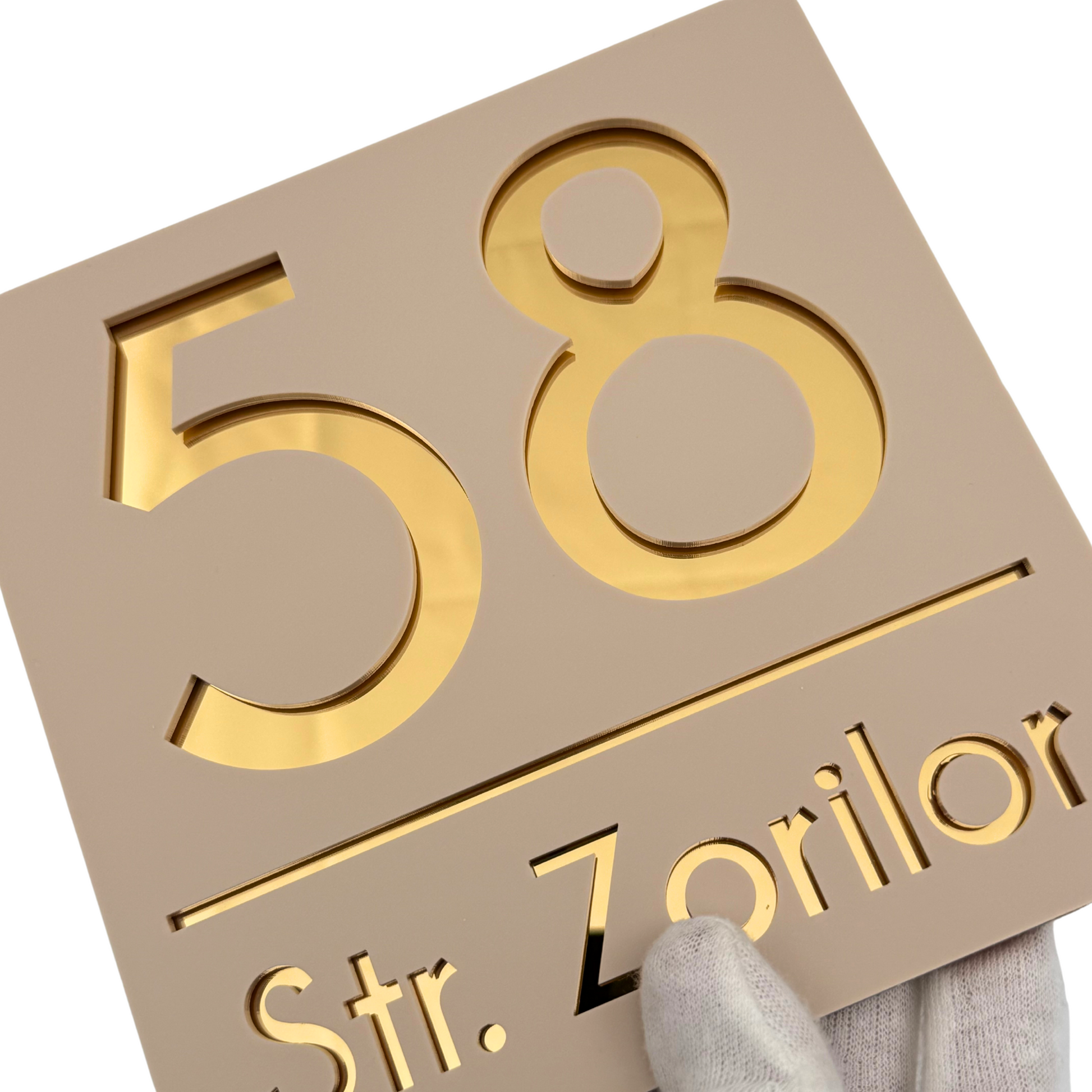 PREMIUM HOUSE NUMBER - Cream colour Satin Gold Mirror - 17×17 cm