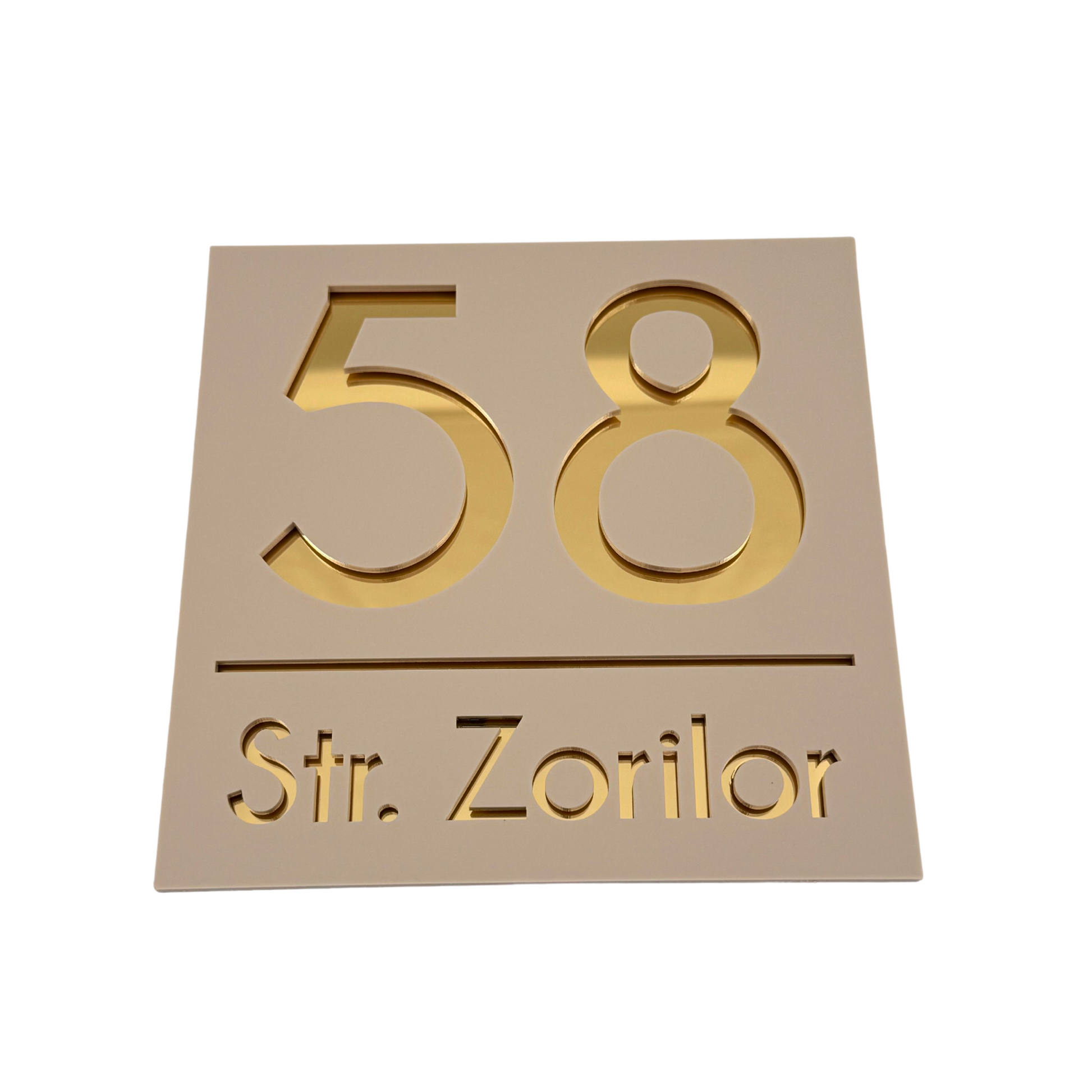 PREMIUM HOUSE NUMBER - Cream colour Satin Gold Mirror - 17×17 cm