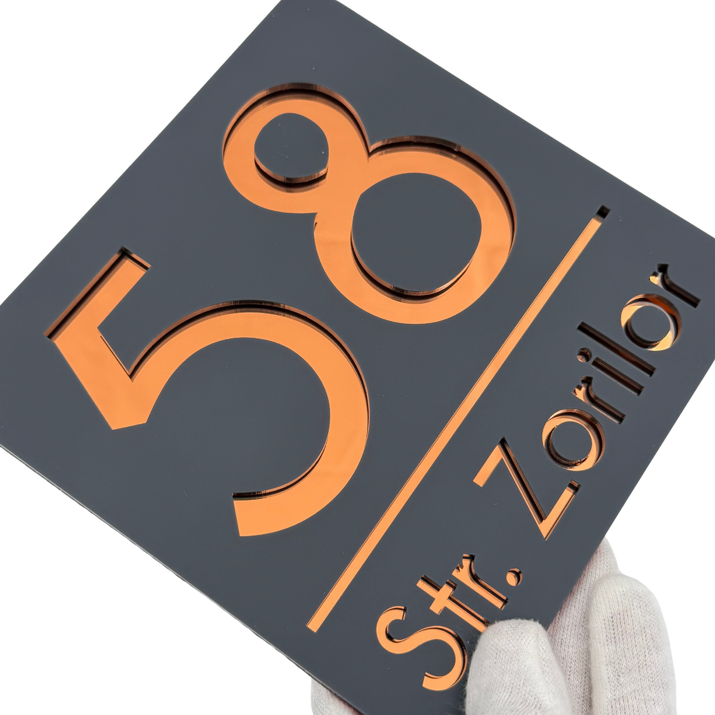 PREMIUM HOUSE NUMBER - Satin Grey Copper Mirror - 17×17 cm