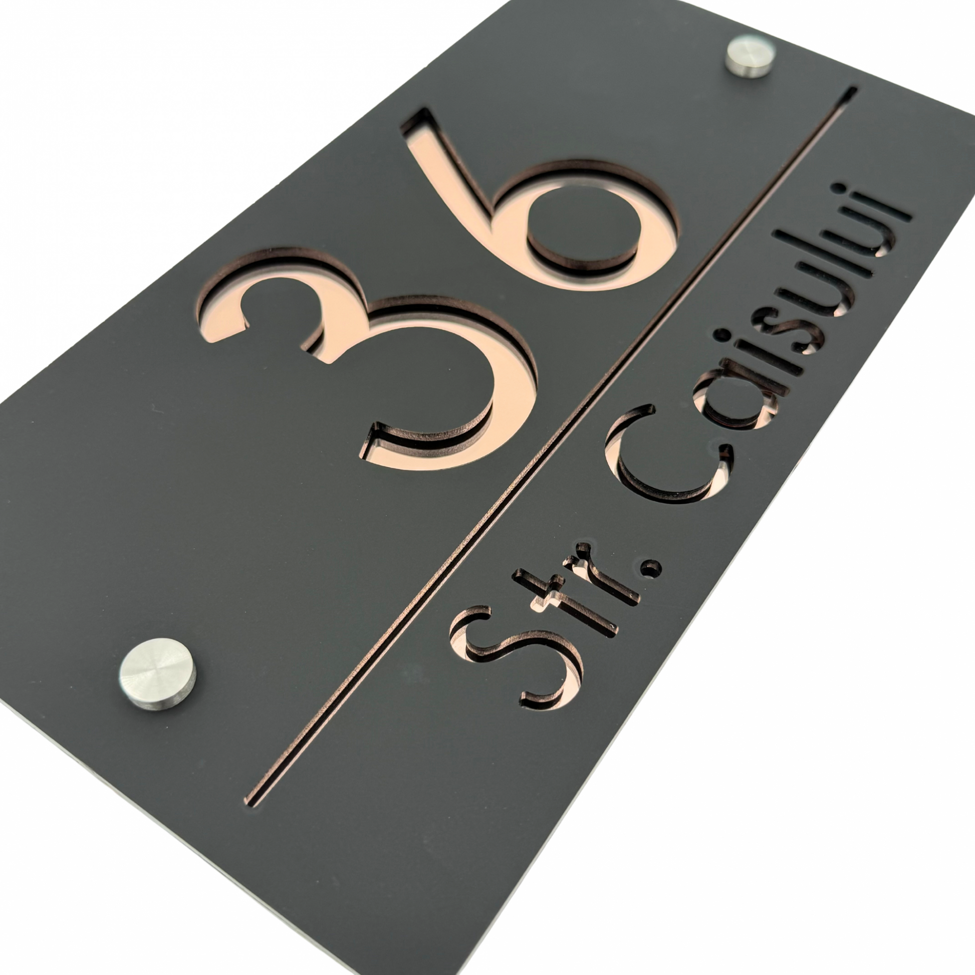 PREMIUM HOUSE NUMBER - Satin Black Rose Gold Mirror 2 Spacers Silver - 28×15 cm