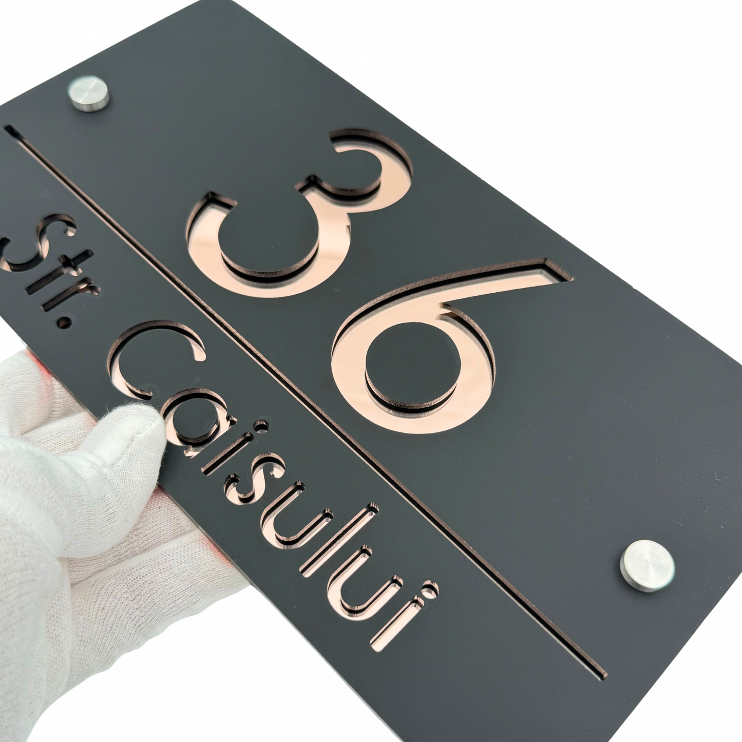 PREMIUM HOUSE NUMBER - Satin Black Rose Gold Mirror 2 Spacers Silver - 28×15 cm