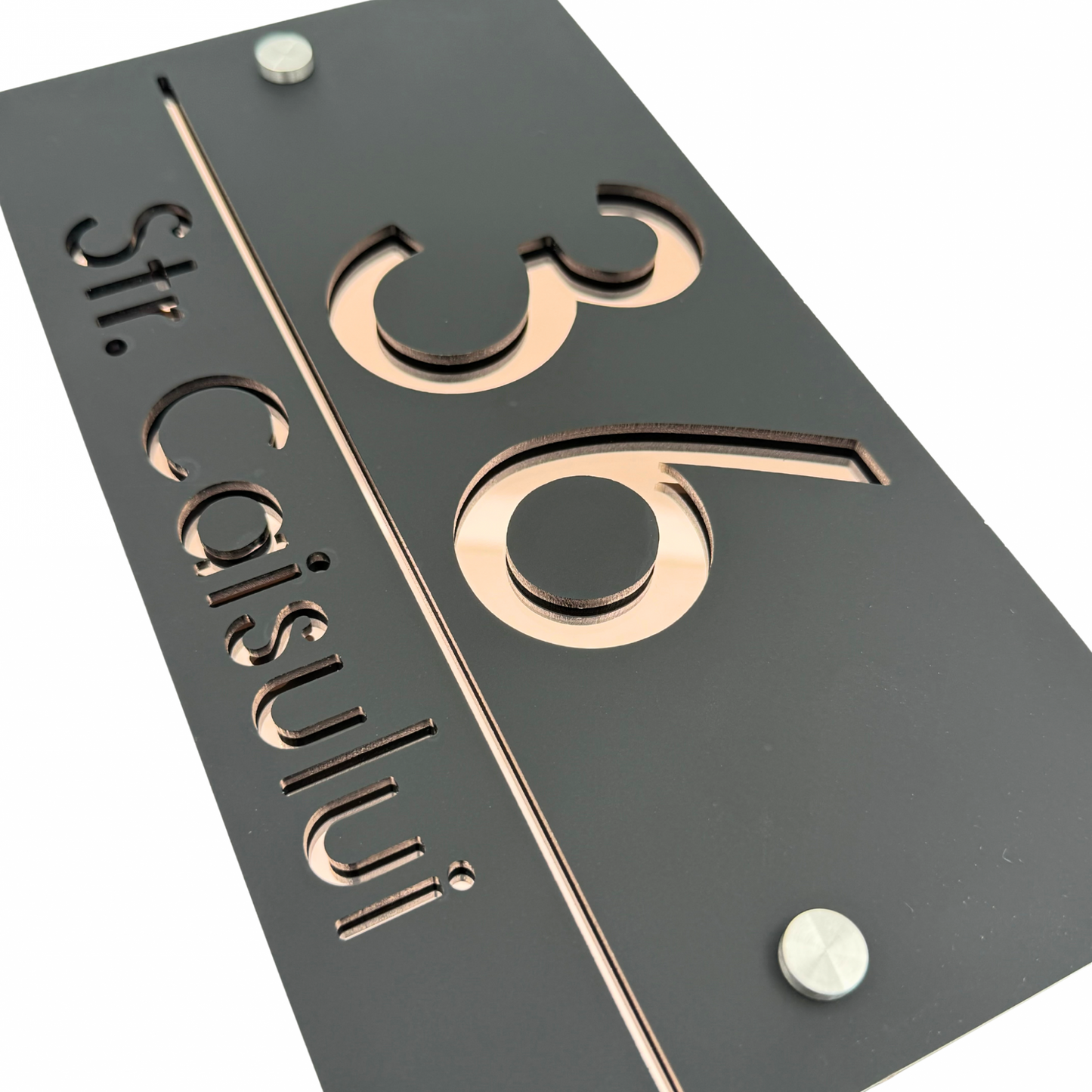 PREMIUM HOUSE NUMBER - Satin Black Rose Gold Mirror 2 Spacers Silver - 28×15 cm
