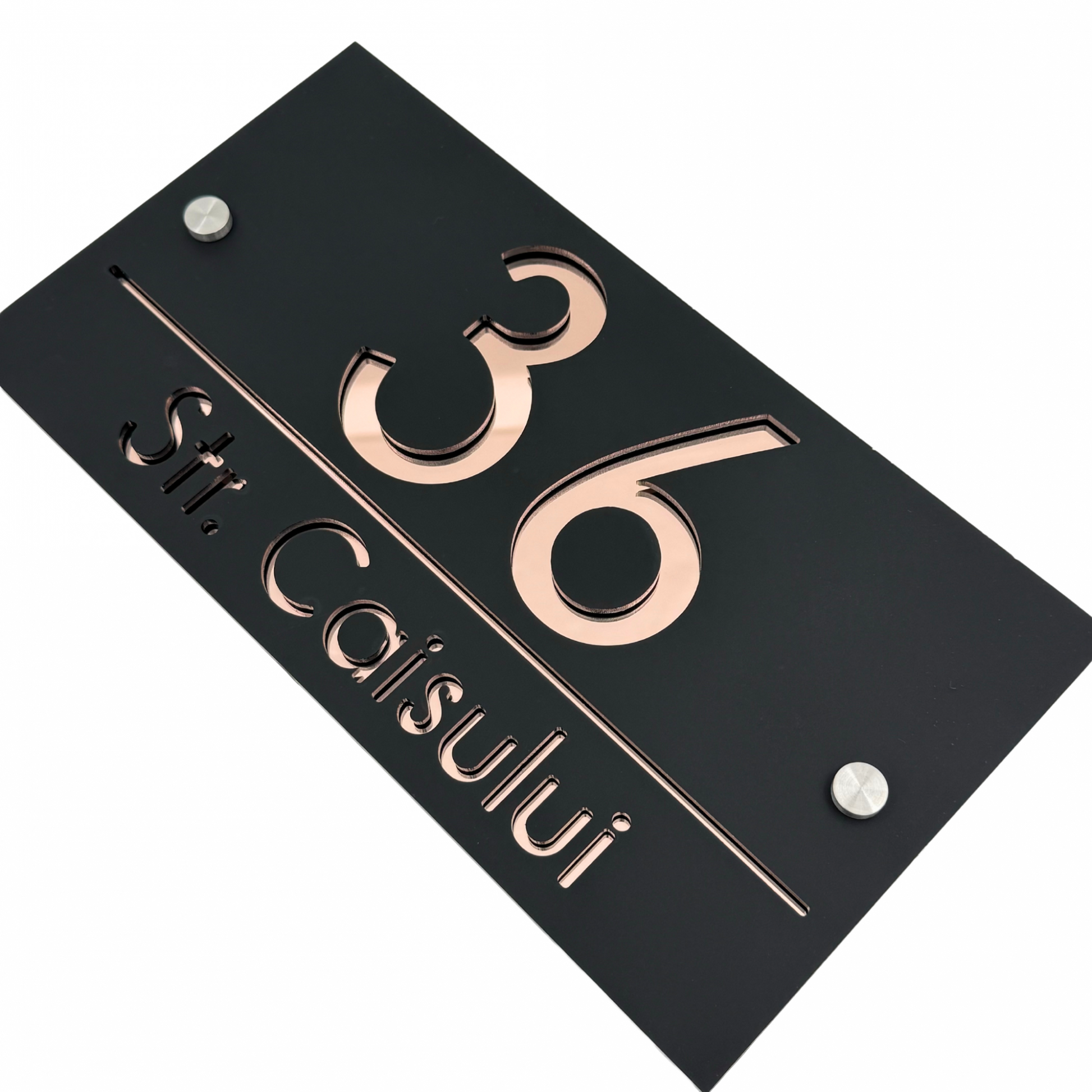 PREMIUM HOUSE NUMBER - Satin Black Rose Gold Mirror 2 Spacers Silver - 28×15 cm