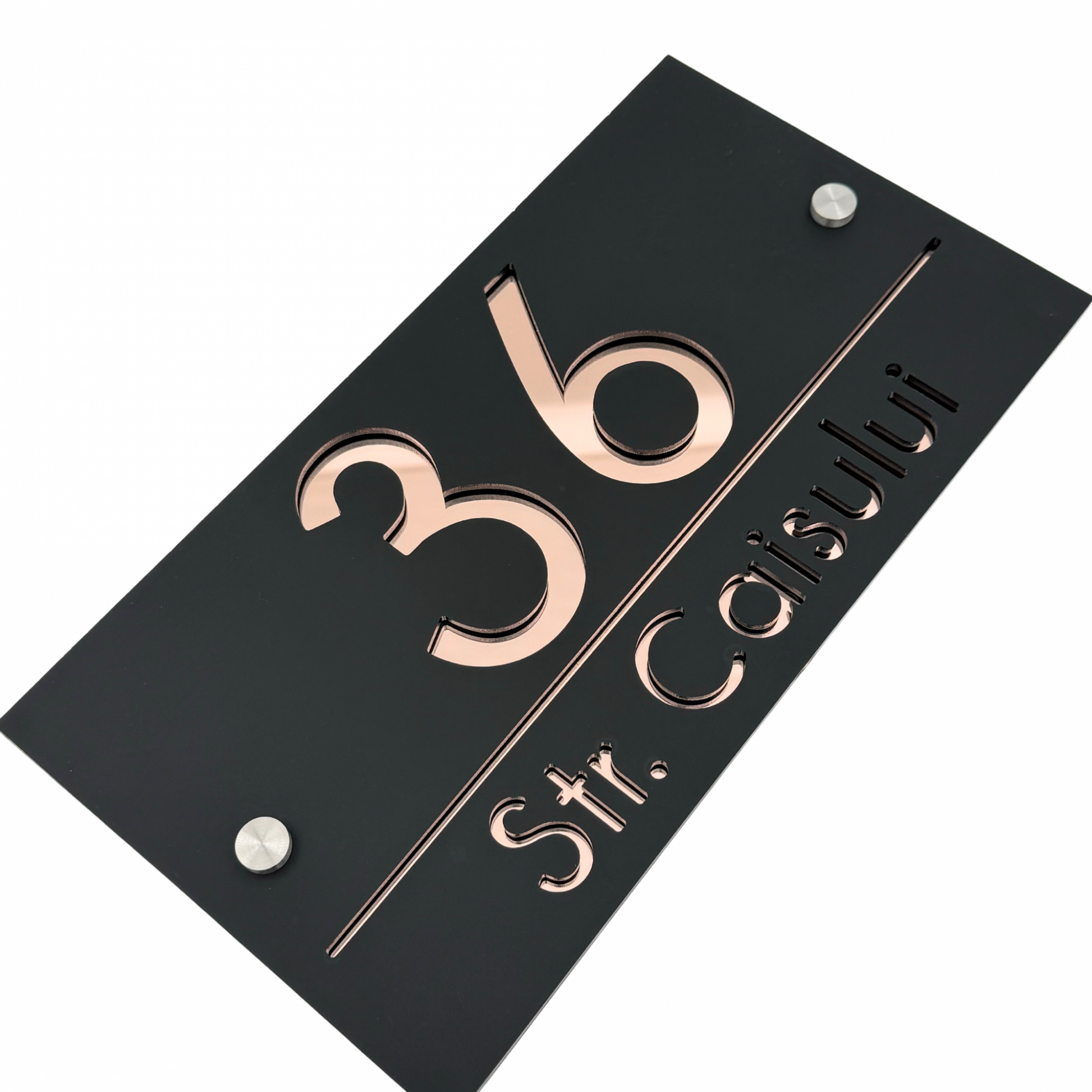 PREMIUM HOUSE NUMBER - Satin Black Rose Gold Mirror 2 Spacers Silver - 28×15 cm