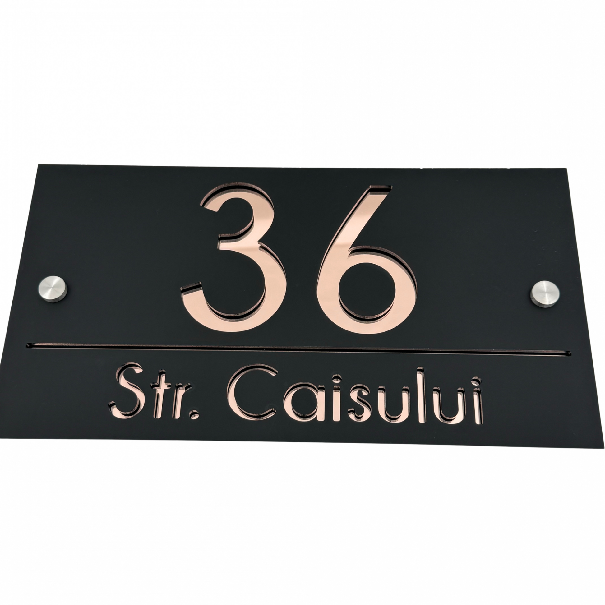 PREMIUM HOUSE NUMBER - Satin Black Rose Gold Mirror 2 Spacers Silver - 28×15 cm