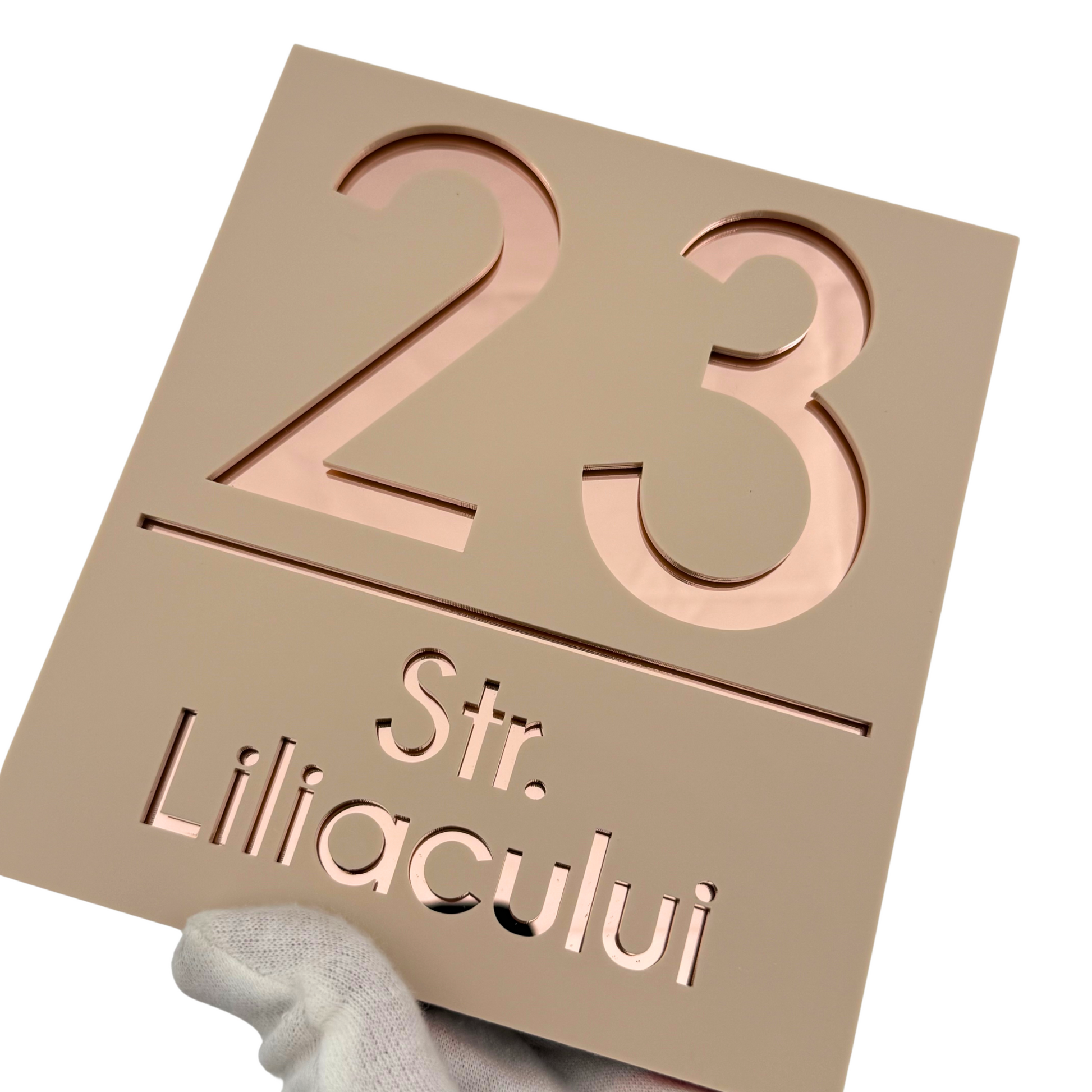 PREMIUM HOUSE NUMBER - Cream colour Satin Rose Gold Mirror - 18×16 cm