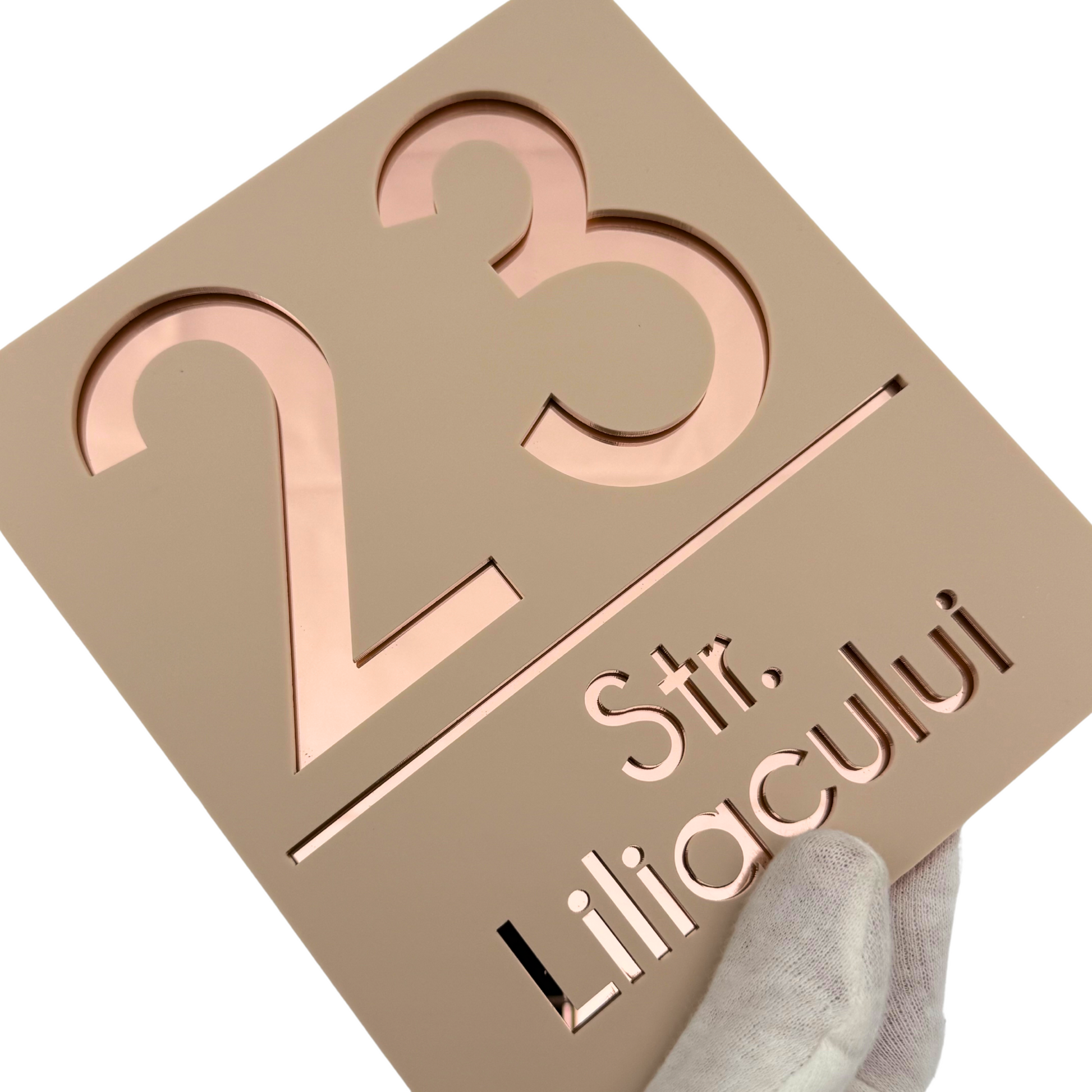 PREMIUM HOUSE NUMBER - Cream colour Satin Rose Gold Mirror - 18×16 cm