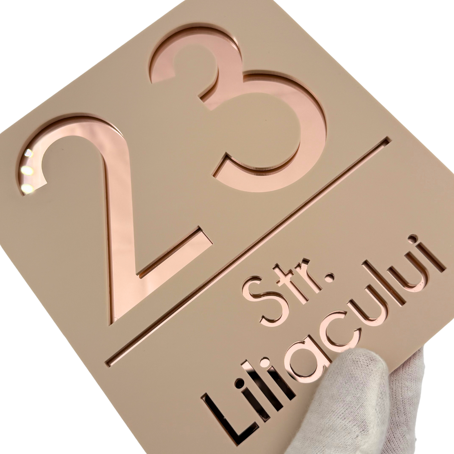 PREMIUM HOUSE NUMBER - Cream colour Satin Rose Gold Mirror - 18×16 cm