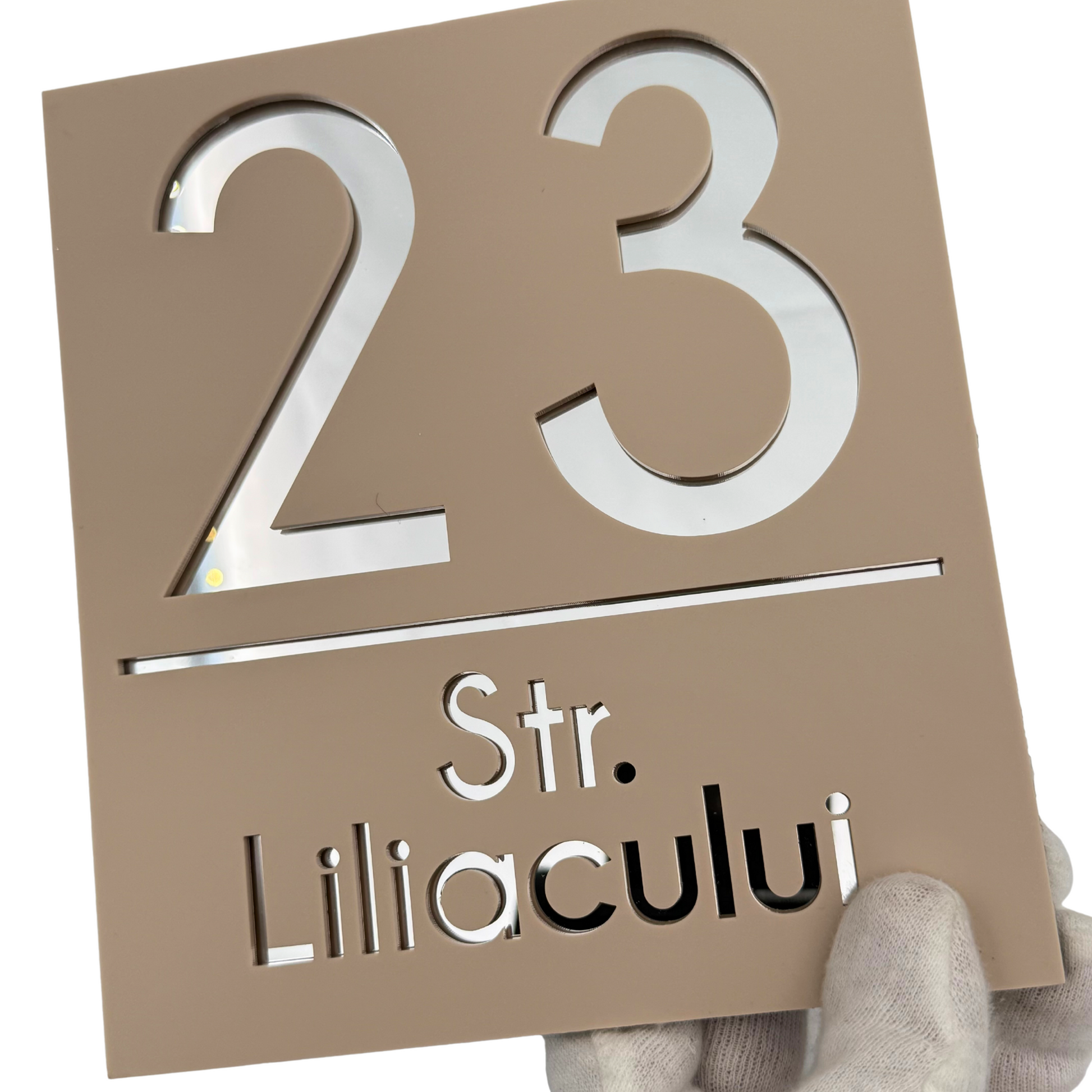 PREMIUM HOUSE NUMBER - Cream colour Satin Silver Mirror - 18×16 cm