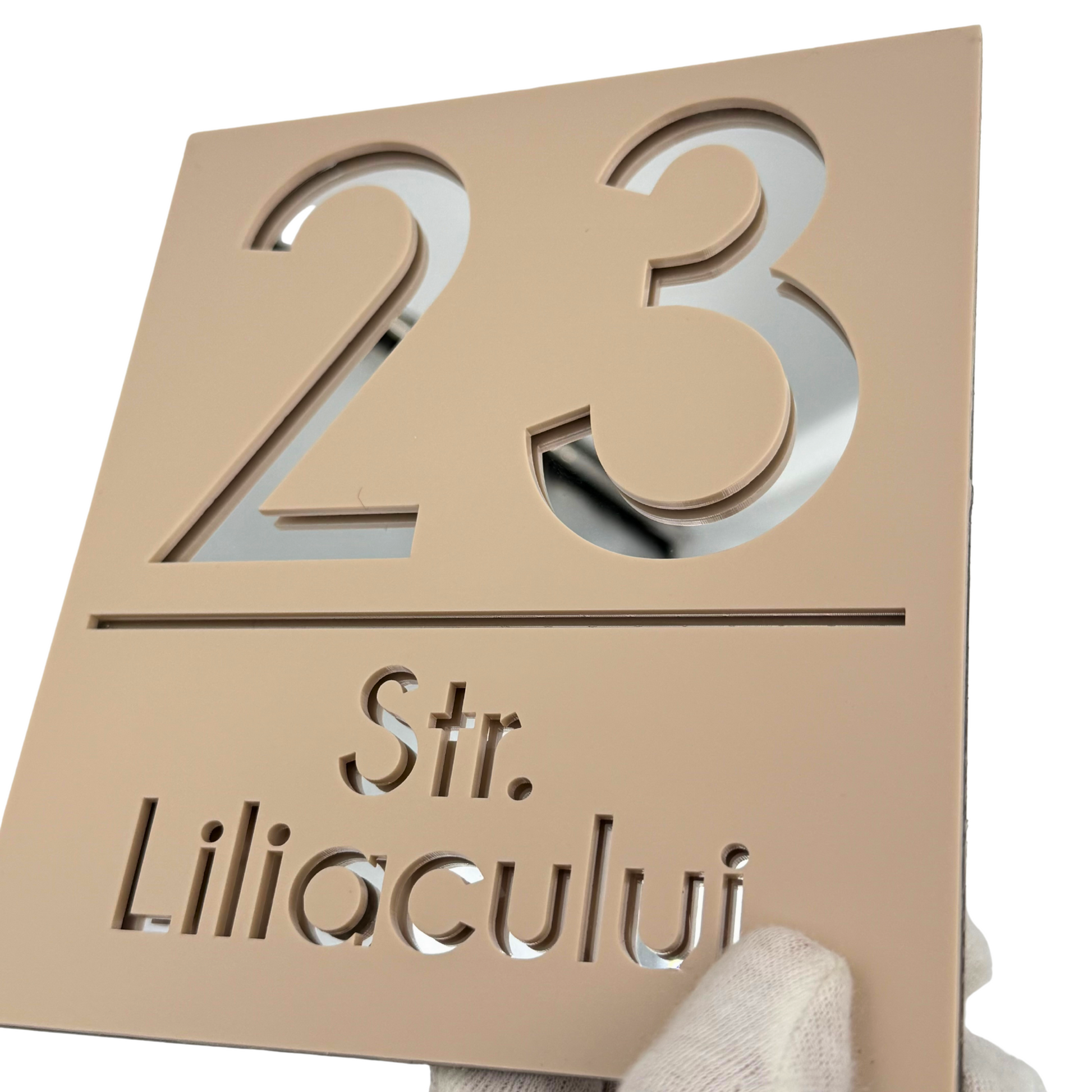 PREMIUM HOUSE NUMBER - Cream colour Satin Silver Mirror - 18×16 cm