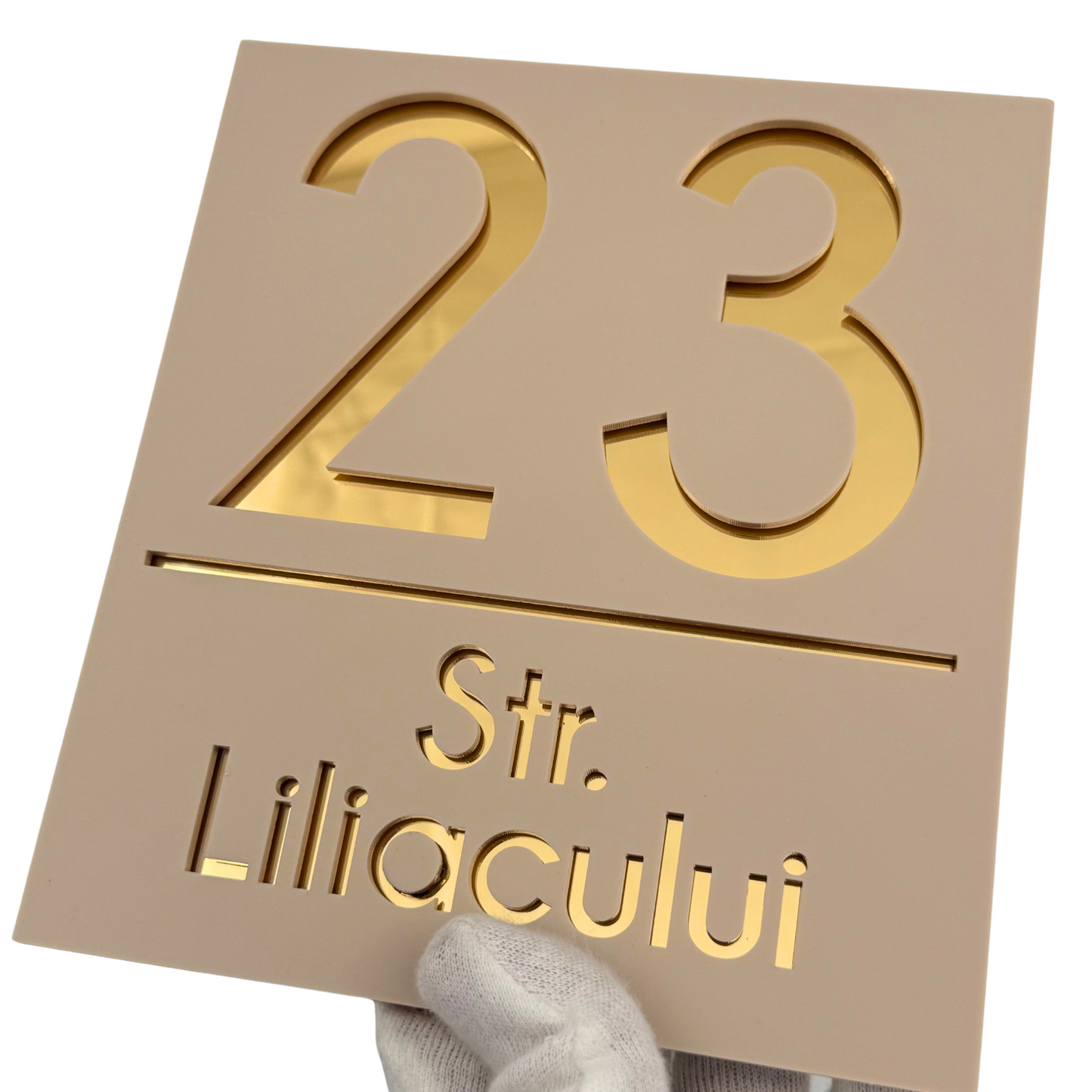 PREMIUM HOUSE NUMBER - Cream colour Satin Gold Mirror - 18×16 cm