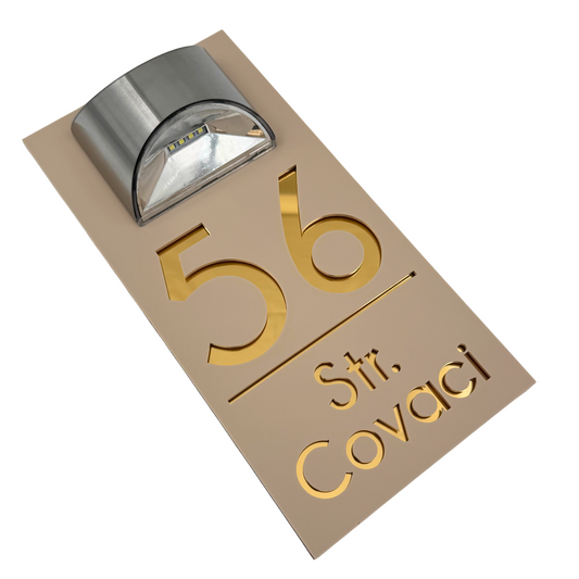 PREMIUM HOUSE NUMBER - Cream colour Satin Gold Mirror Lampa Solara - 30×15 cm