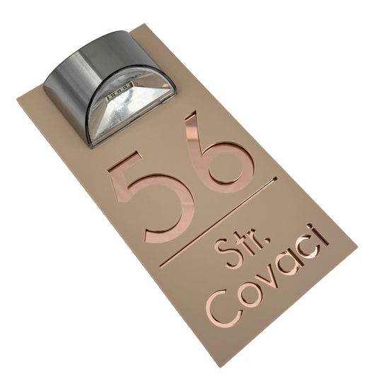 PREMIUM HOUSE NUMBER - Cream colour Satin Rose Gold Mirror Lampa Solara - 30×15 cm