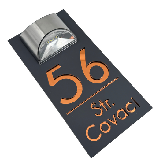 PREMIUM HOUSE NUMBER - Satin Grey Copper Mirror Lampa Solara - 30×15 cm