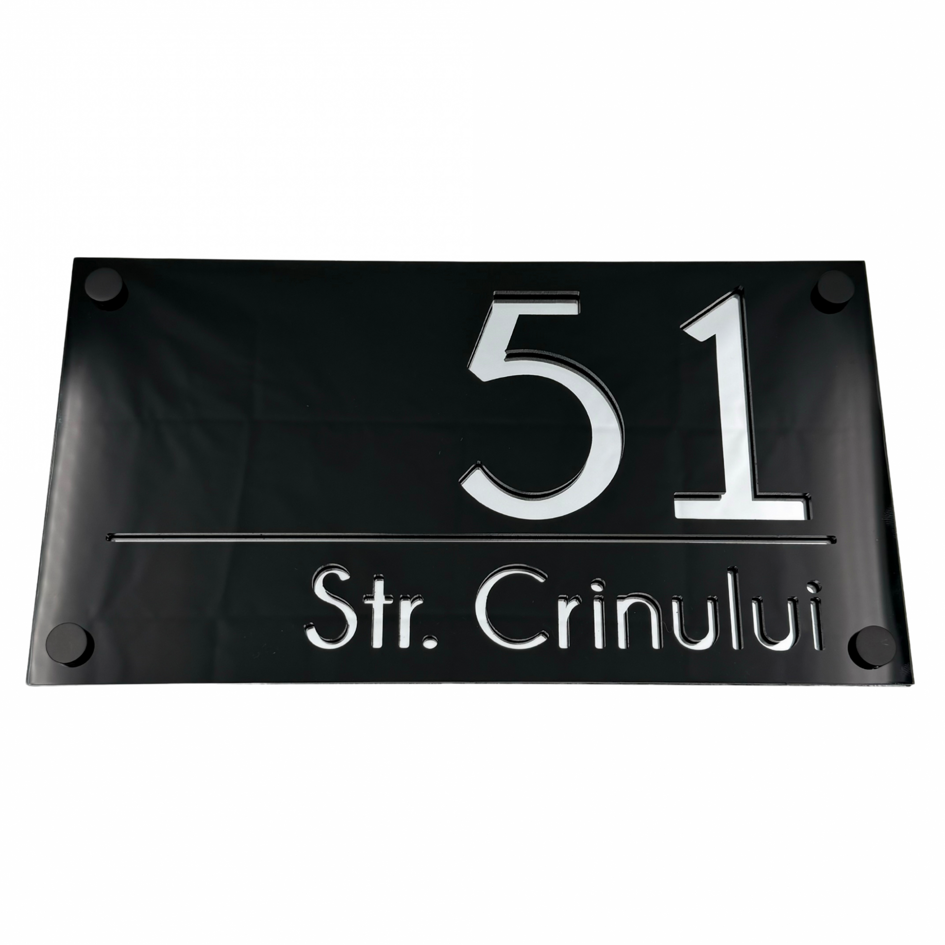 PREMIUM HOUSE NUMBER - Glossy Black Silver Mirror 4 Spacers NeGreyi - 28×15 cm