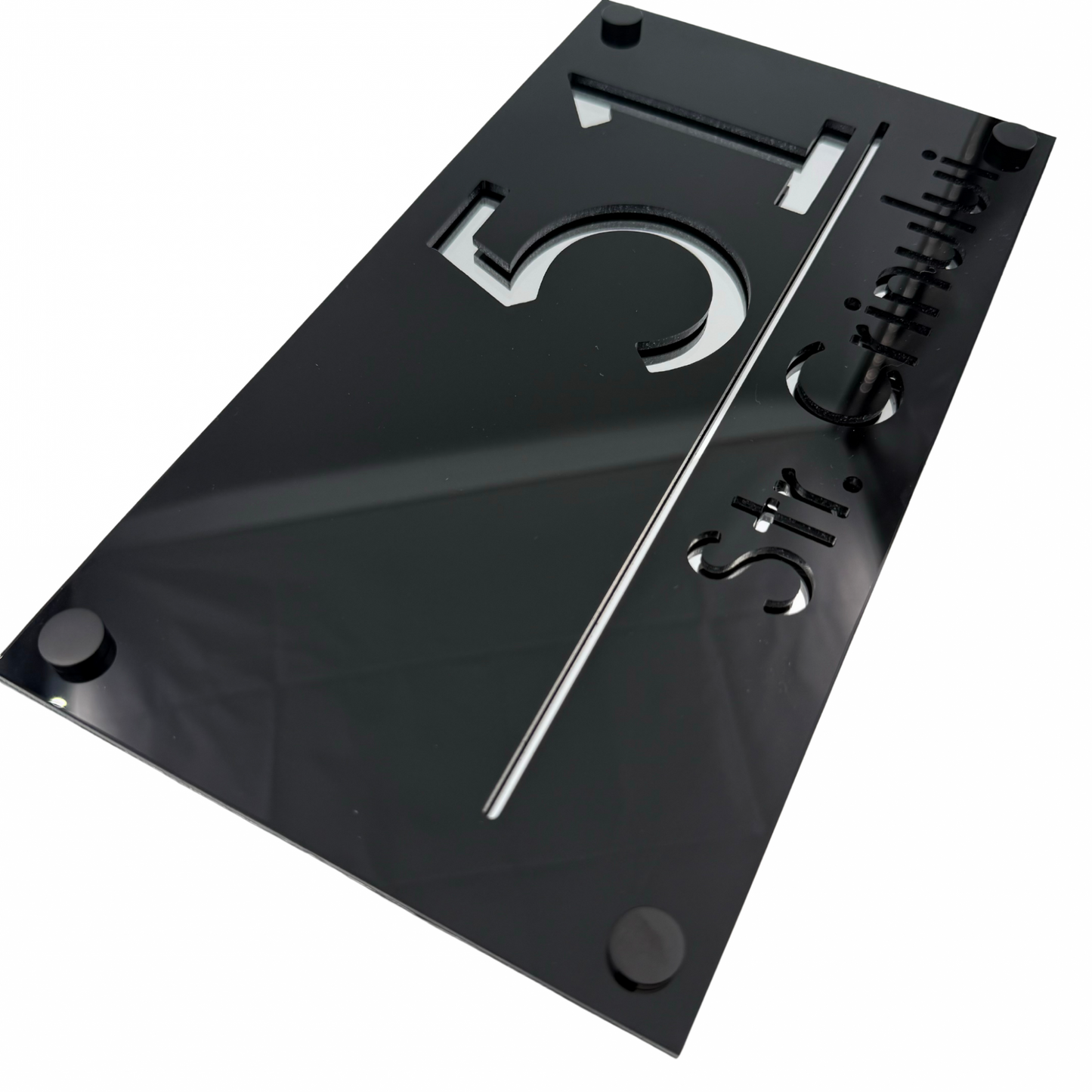PREMIUM HOUSE NUMBER - Glossy Black Silver Mirror 4 Spacers NeGreyi - 28×15 cm