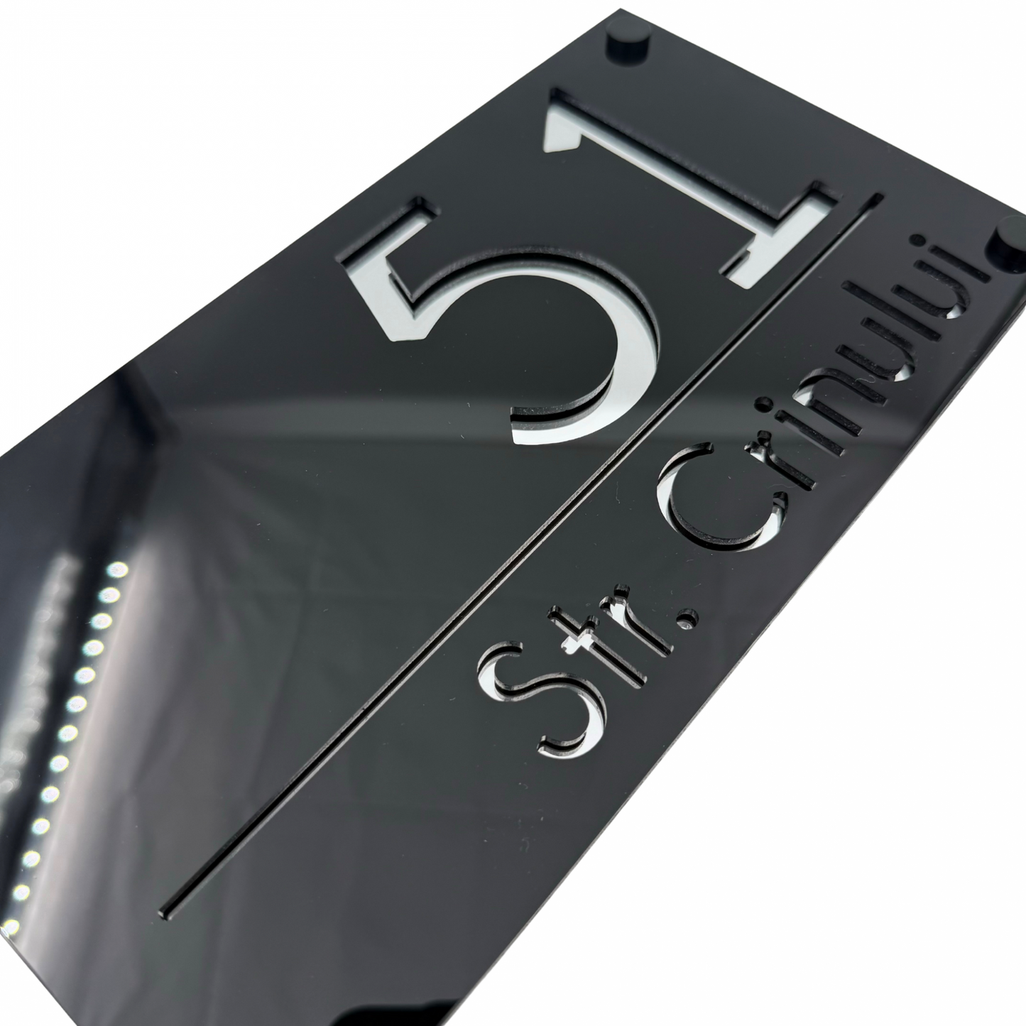 PREMIUM HOUSE NUMBER - Glossy Black Silver Mirror 4 Spacers NeGreyi - 28×15 cm
