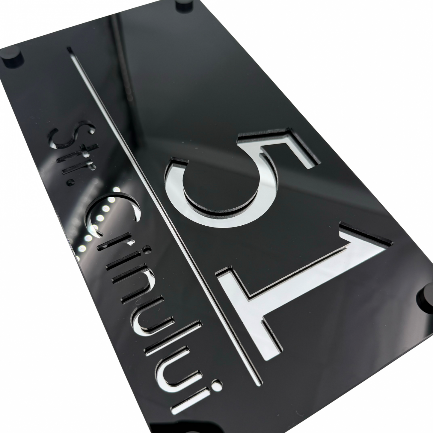 PREMIUM HOUSE NUMBER - Glossy Black Silver Mirror 4 Spacers NeGreyi - 28×15 cm