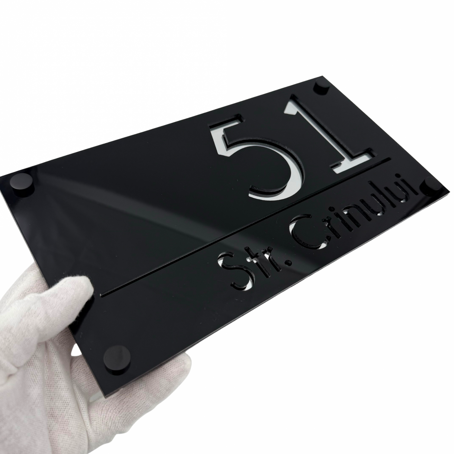 PREMIUM HOUSE NUMBER - Glossy Black Silver Mirror 4 Spacers NeGreyi - 28×15 cm