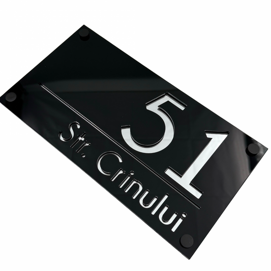 PREMIUM HOUSE NUMBER - Glossy Black Silver Mirror 4 Spacers NeGreyi - 28×15 cm