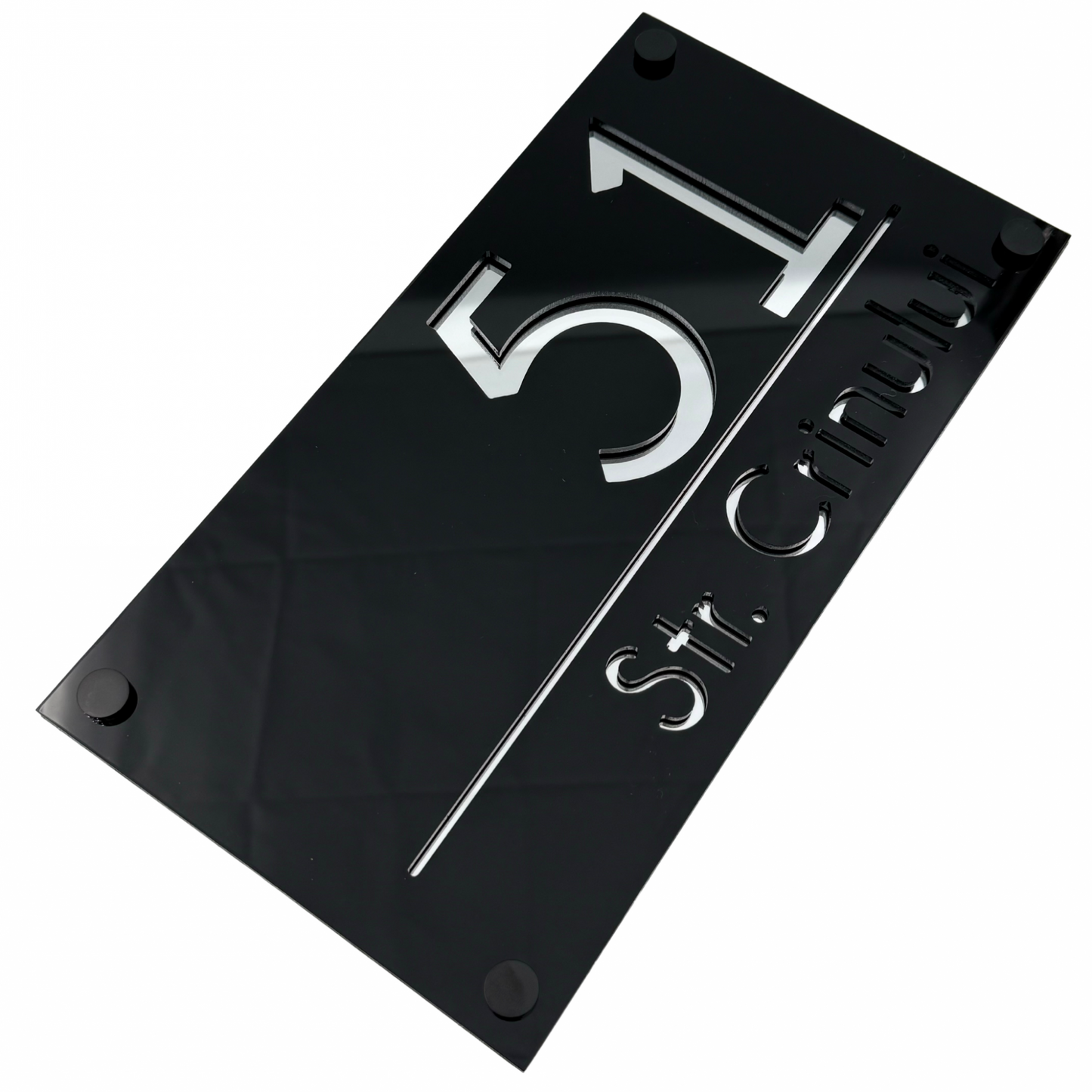 PREMIUM HOUSE NUMBER - Glossy Black Silver Mirror 4 Spacers NeGreyi - 28×15 cm