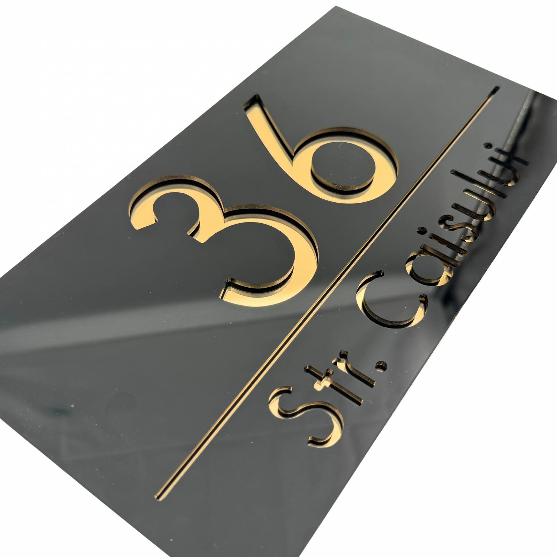 PREMIUM HOUSE NUMBER - Glossy Black Gold Mirror - 28×15 cm