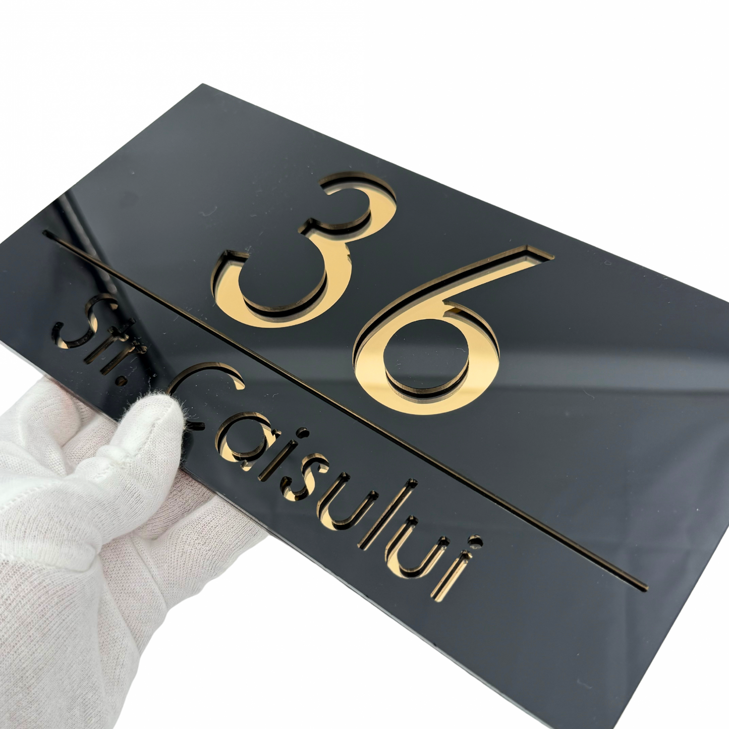 PREMIUM HOUSE NUMBER - Glossy Black Gold Mirror - 28×15 cm