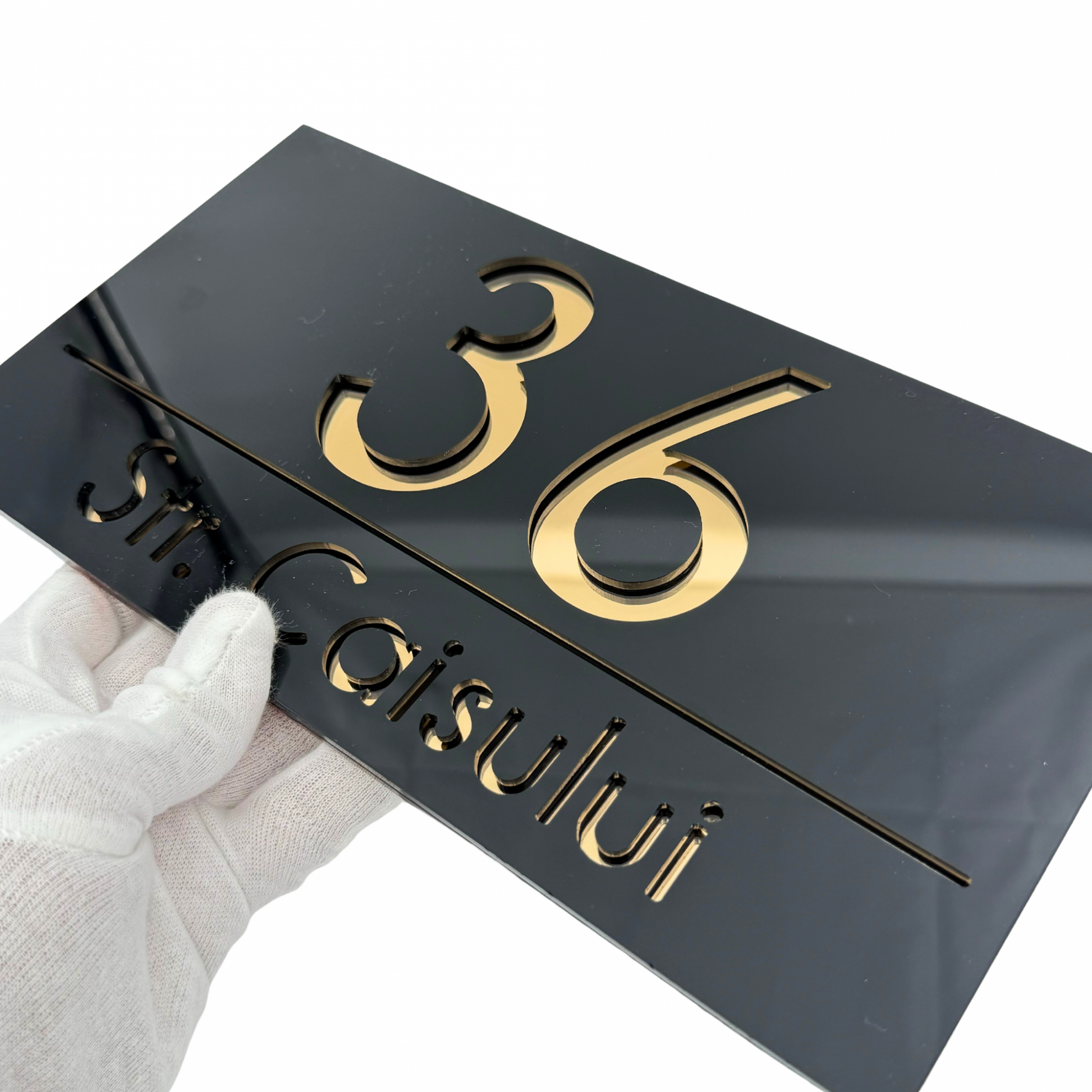 PREMIUM HOUSE NUMBER - Glossy Black Gold Mirror - 28×15 cm