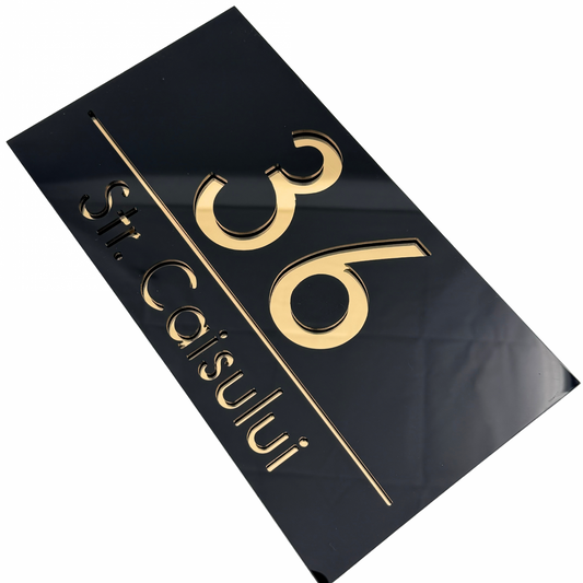 PREMIUM HOUSE NUMBER - Glossy Black Gold Mirror - 28×15 cm