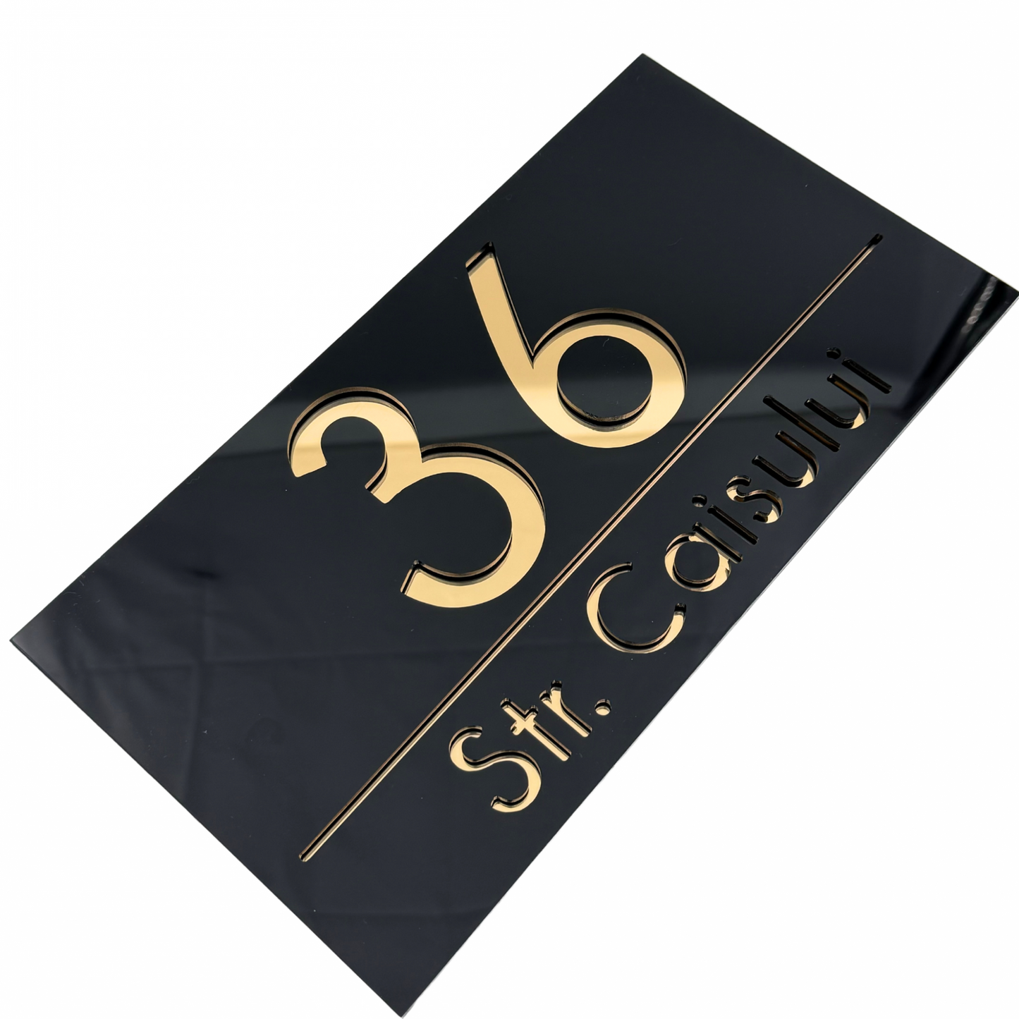 PREMIUM HOUSE NUMBER - Glossy Black Gold Mirror - 28×15 cm