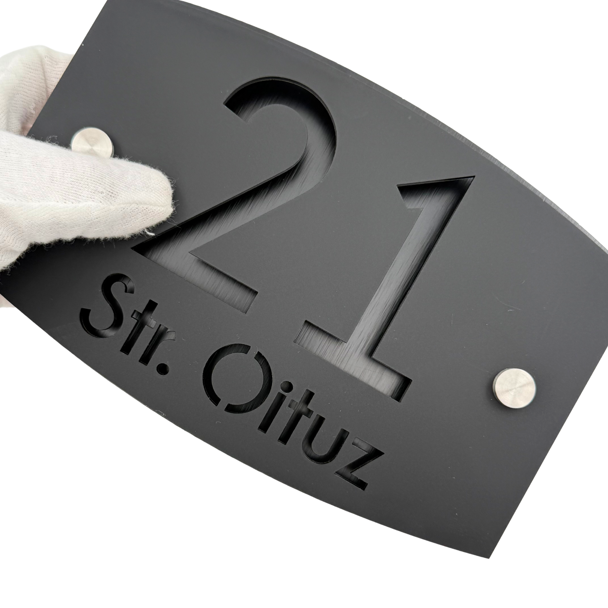 PREMIUM HOUSE NUMBER - Satin Black Aluminium Black Pearly 2 Spacers Silver - 20×13 cm